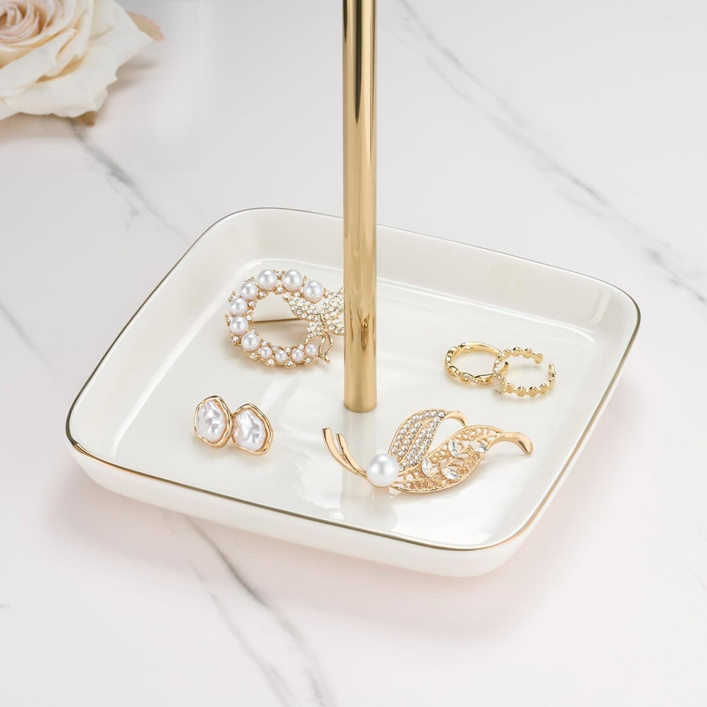 Jewelry Holder Stand with Ceramic Base: 12" Tall Necklace Organizer Rack, Tree Design Display Storage for Necklaces, Bracelets, Rings, Earrings, Aesthetic Room Décor for Girls and Women, Gold