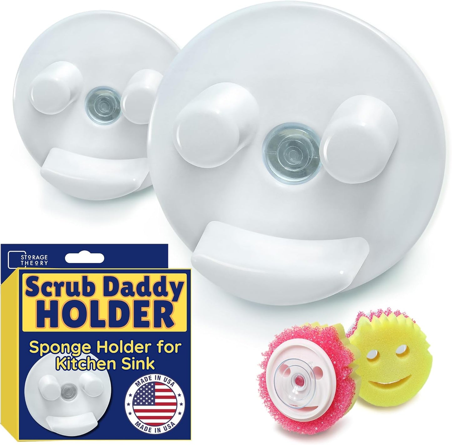 BeraTek Smiley Face Sponge Holder for Kitchen Sink – Sponge Daddy Caddy with Suction Cup Keeps Happy Face Sponges Dry & Organized – Sink Scrub Holder – White, 2 Pack