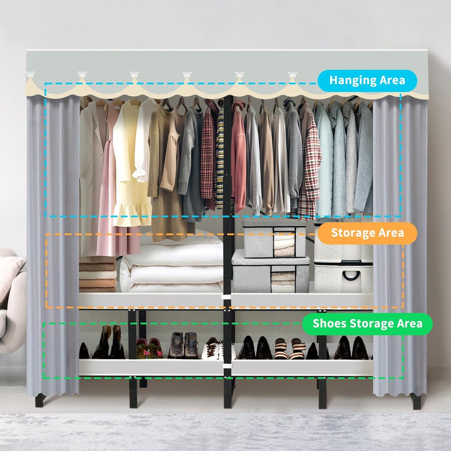 Portable Closet Rack Heavy-Duty Foldable Garment Racks with Cover 1200lbs Enclosed Wardrobe Closet with Independent Area for Hanging Clothes Storaging of Bedding (59in*20in*67in)