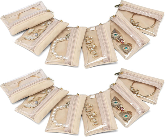 Vlando 12 Pcs Travel Jewelry Organizer Velvet Jewelry Pouch with Zipper Clear Travel Jewelry Bag for Travel Business Trip Mother‘s Day Gift for Mom Wife Women