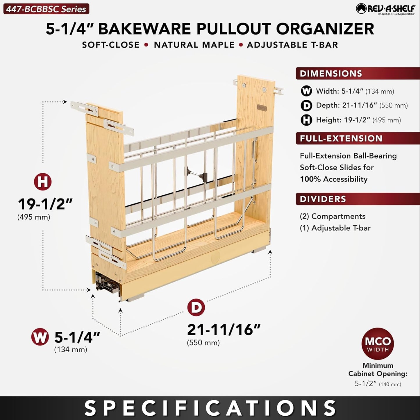 Rev-A-Shelf 5" Pullout Wooden Bakeware Organizer Shelf for Base Kitchen Cabinets w/ Soft-Close and 100 Pound Ball-Bearings, 447-BCBBSC-5C