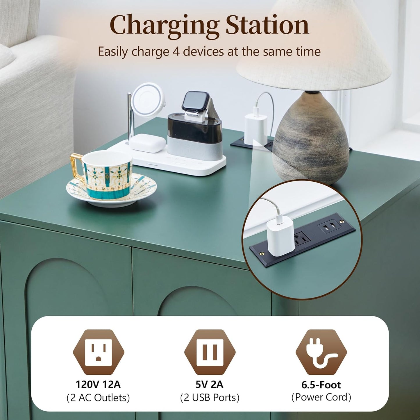 Bed Side Table Set of 2 with Charging Station, Mid Century Modern Nightstand with 2 Doors, Square End Table with Storage for Couch,Living Room, Sofa Side Table for Office,Dorm - Green