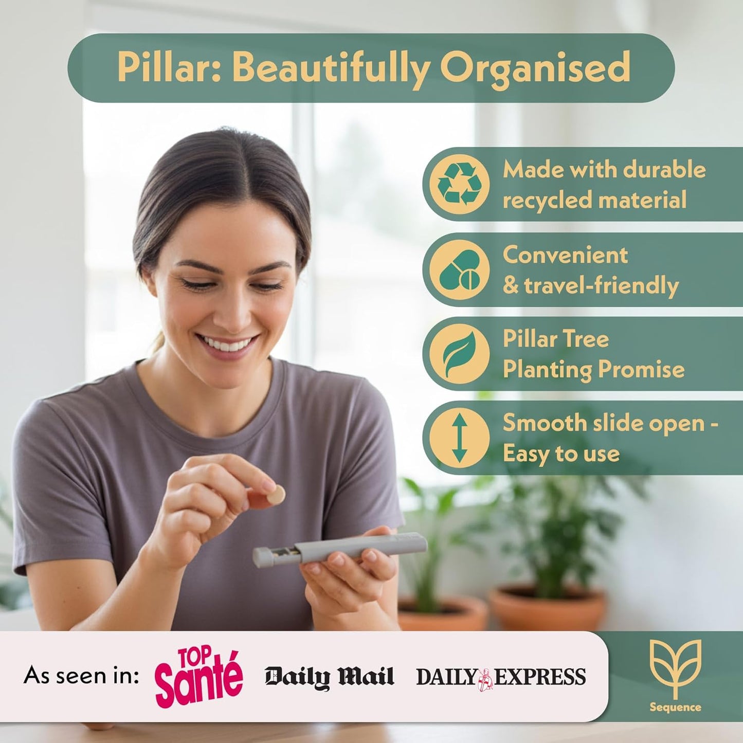 Pillar - 7 Day Pill Box Organiser | BPA-Free Wheat Straw Pill Organiser | Beautiful Tablet Organiser for Travel and Home (Soft Pink)
