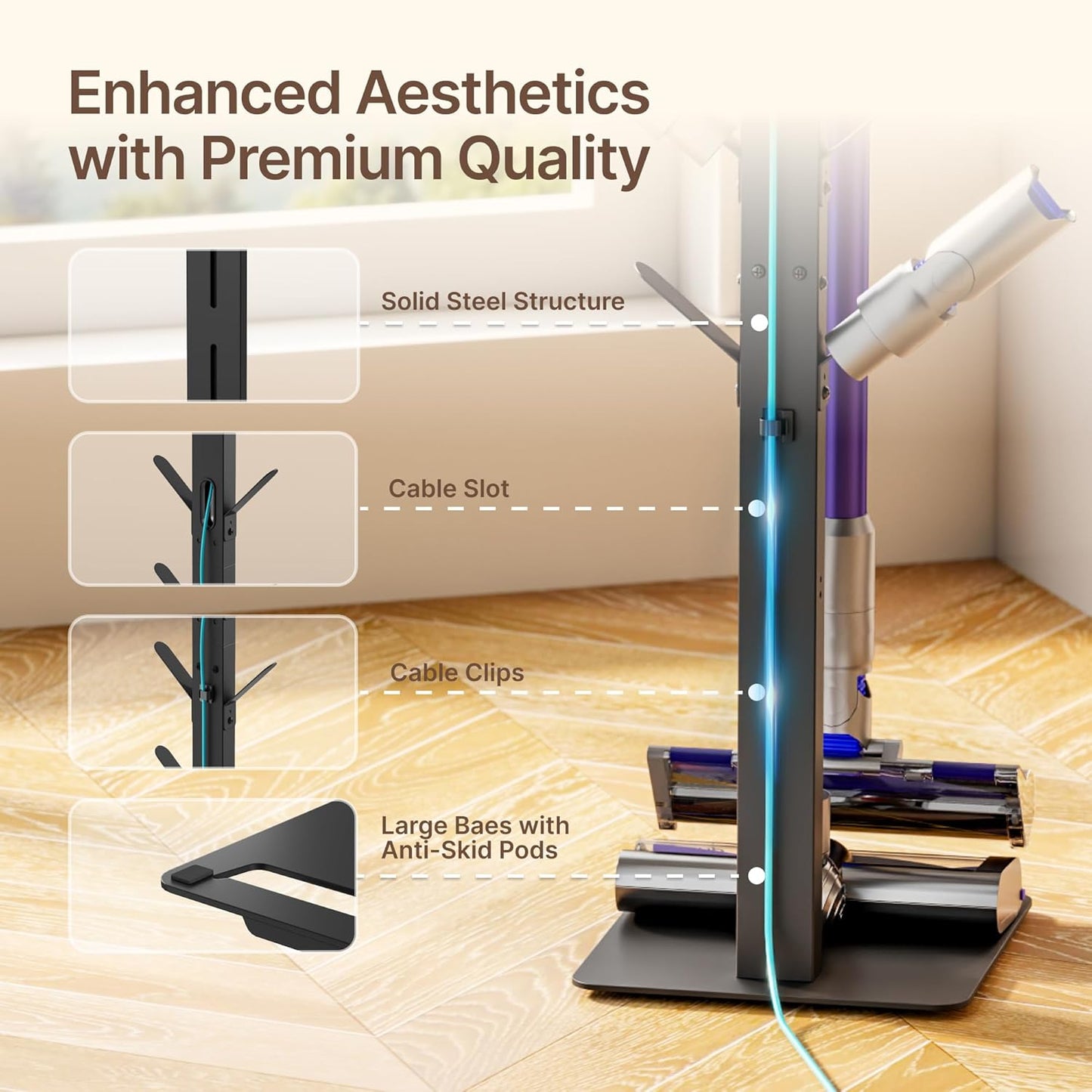 Vacuum Stand for Dyson Gen5 V15 V12 V11 V10 V8 V7 V6, Tineco S11 A10 A11, Eureka NEC180 280TL, Cordless Vacuum Cleaner Holder with 8 Storage Hooks, Accessories & Attachments Organizer, Black