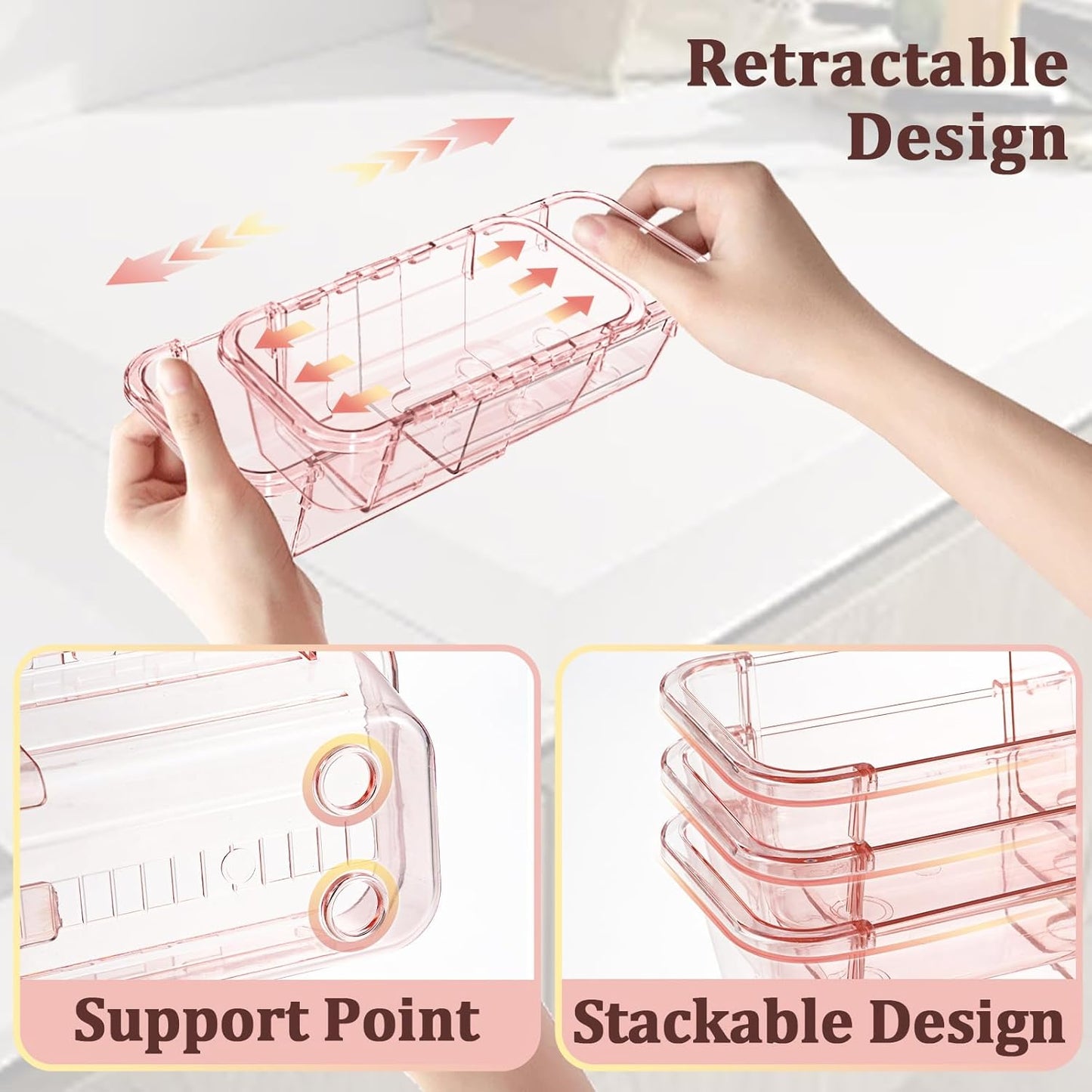 20 Pcs Adjustable Clear Drawer Organizer, Extendable Vanity Storage Bins, Desk Drawer Organizer Set for Makeup, Cosmetics, Bedroom, and Gadgets, Pink