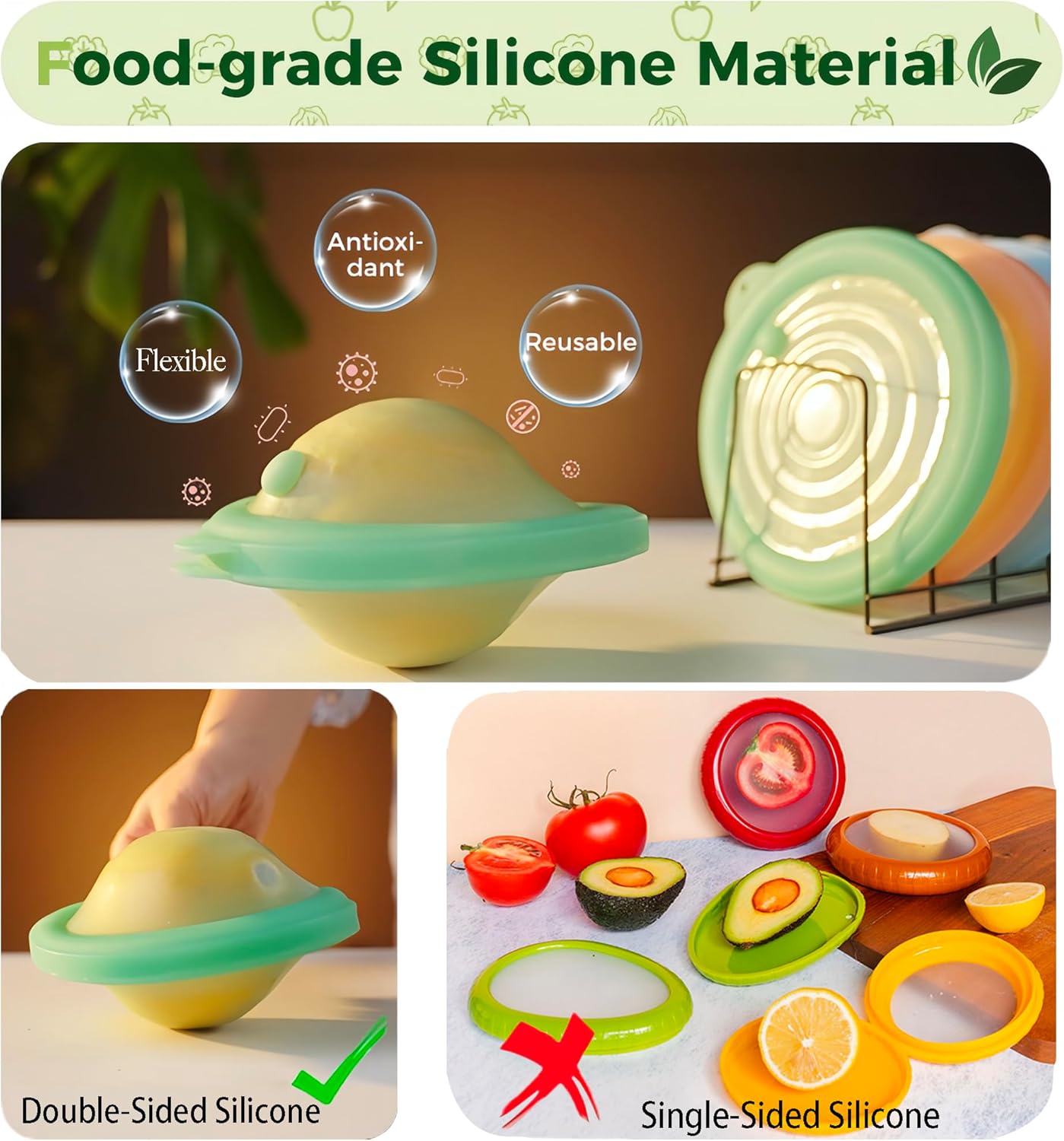 Silicone Reusable Vacuum-Seal Storage Containers for Fridge,Fresh Fruit,Vegetables,Garlic,Onions,Lemons,Potatoes,Meat,for Microwave Oven Heating,Freezer,Dishwasher,Avocado Saver,Tomato Holder,3 Pack