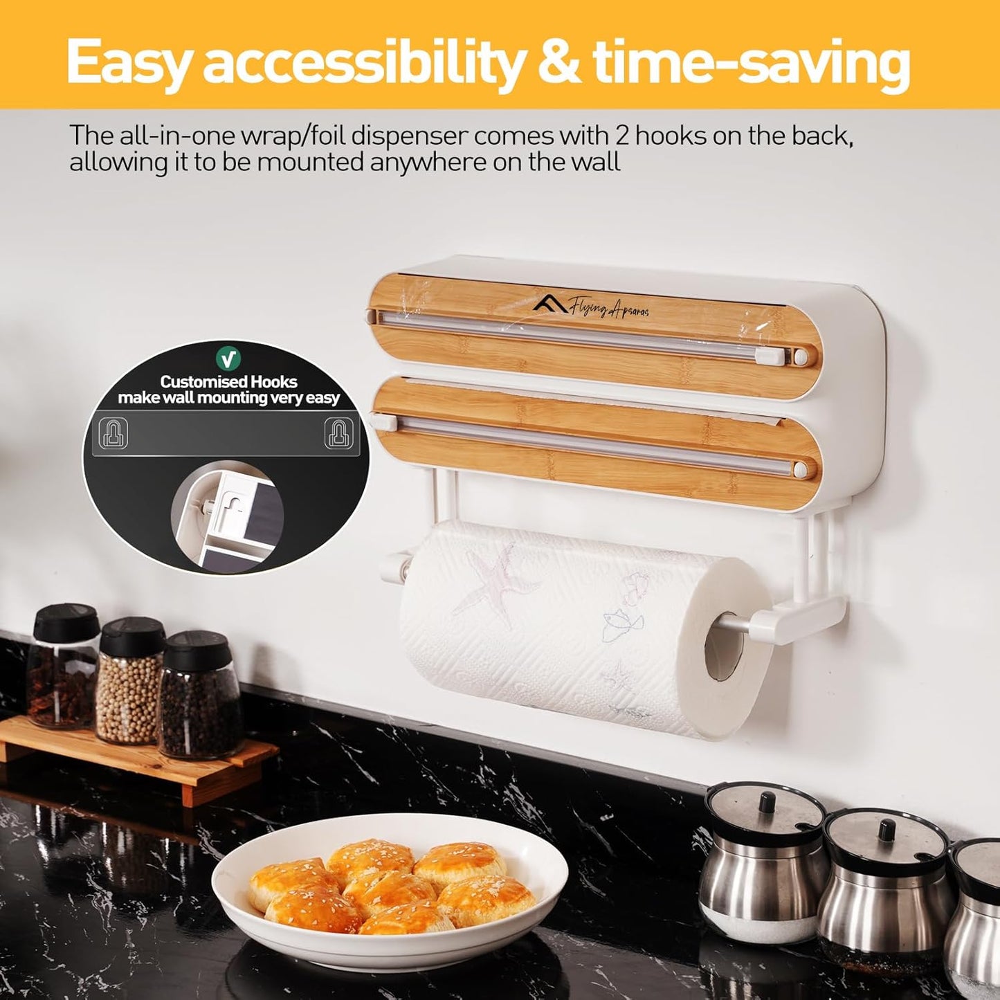 APSARAS USA Magnetic Plastic Wrap Dispenser with Cutter, 3 in 1 Aluminum Foil wrap Organizer, Practical Refillable Cling Wrap Film Cutter, Wall Mount Kitchen Wrap Dispenser, Include 2 * 12" Rolls