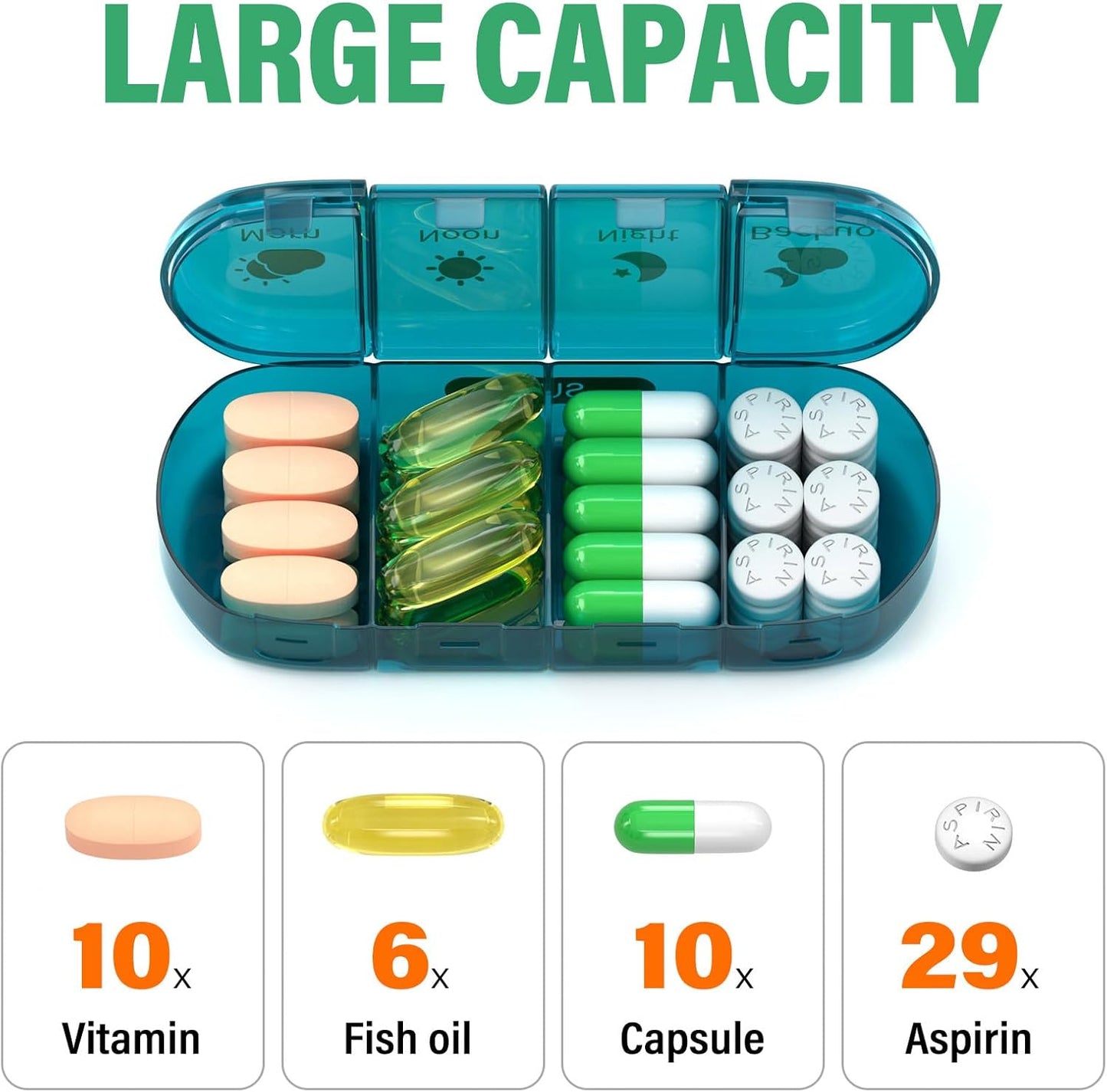 Weekly Pill Organizer 4 Times a Day, 7 Day Pill Box 4X, Portable for Travel Pill Case for Pills/Vitamin/Fish Oil/Medication/Supplements (4x7 Blue)