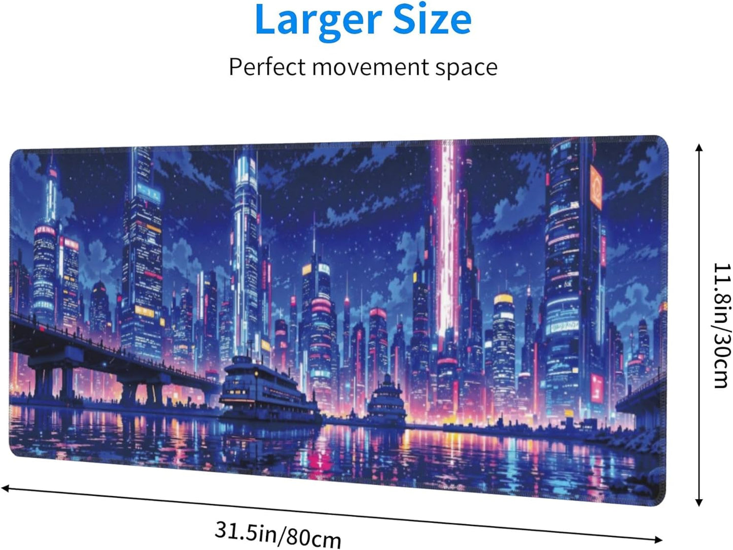 Neon City Large Mouse Pad, Anime Style Gaming Desk Mat, XL Keyboard Desk Pad Mat for Desktop, 31.5"x11.8" Non-Slip Base Big Mousepad with Stitched Edges