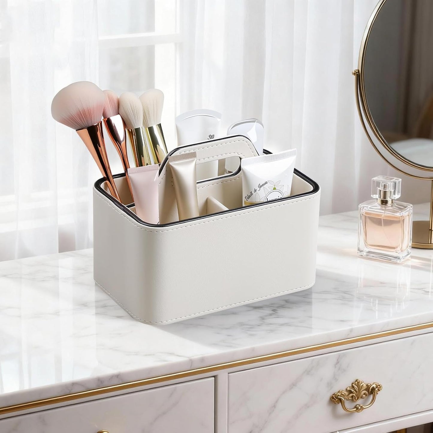 Caddy Organizer with Handle, PU Leather Remote Control Holder Desk Caddy, Portable Makeup Office Supply Organizer for Bathroom, Nightstand, Dresser (Cream)