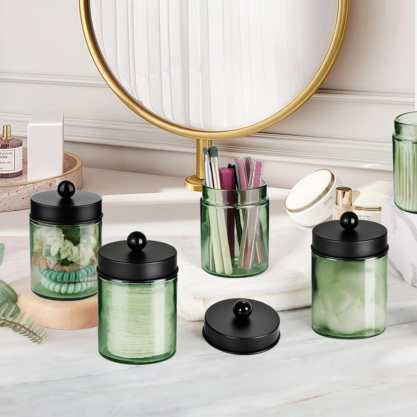 Amolliar Sage Green Qtip Holder, Glass Apothecary Jar Metal Lid & Stickers, Bathroom Qtip Dispenser Storage Canister, Perfect for Cotton Balls, Cotton Swabs, Round Pads, Bath Salt, Floss, Black 4 Pack