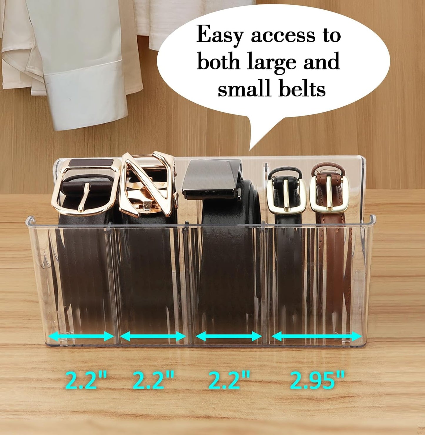Acrylic Belt Organizer with Adjustable 4 Compartments & Stackable Design, Clear Storage for Closet and Drawer Organization