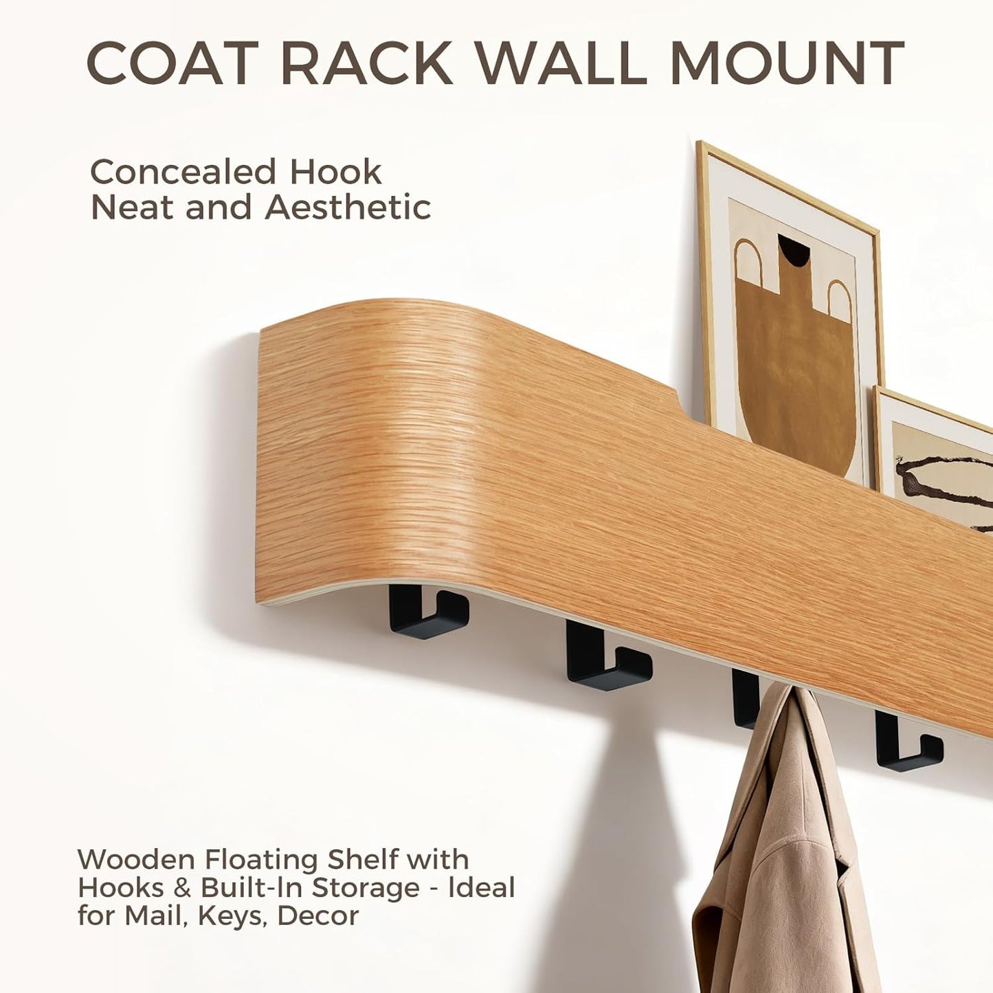 Wall Coat Rack Floating Shelves Modern Coat Rack Wall Mount with Storage Entryway Shelf Wooden Hanger 20 Inch 4 Hidden Metal Hooks for Living Room Bedroom (Oak, 5 Hooks)