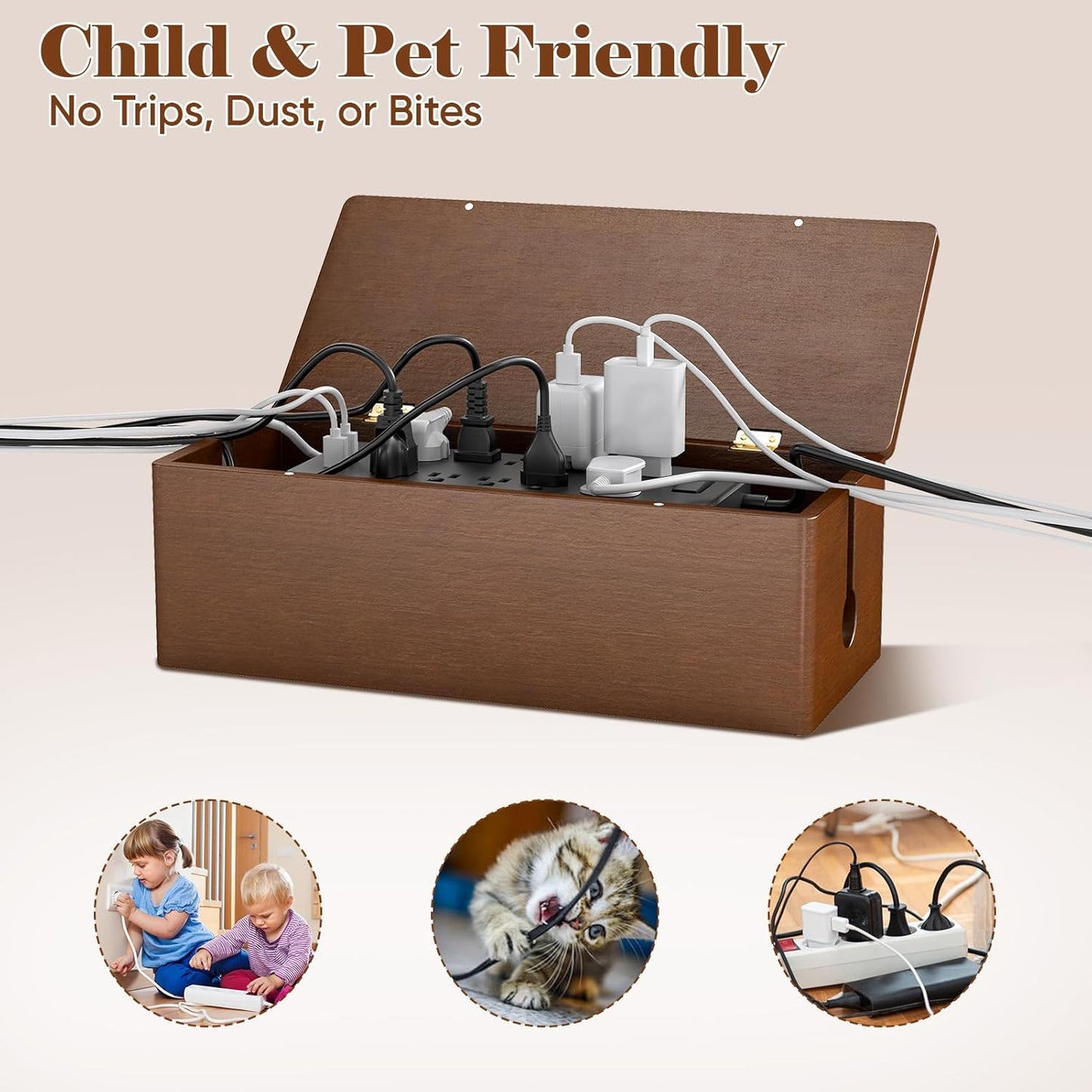 Delamu Cable Management Box Wooden with Magnetic Lid, Duty Desk Cord Organizer Power Strip Cover Box with Ventilation for Desk, Floor, Home Office, Baby Pets Safe Storage Solution
