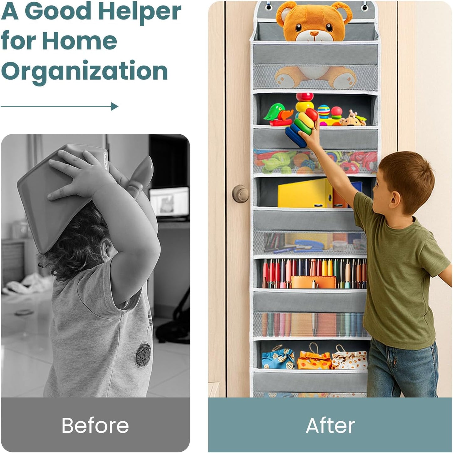 Over The Door Organizer with 8 Side Mesh Pockets, 44lb Weight Capacity Hanging Behind The Door Bathroom Organizers and Storage Suitable for Storing Toys, Shoes, Towels, Grey, 5 Shelf