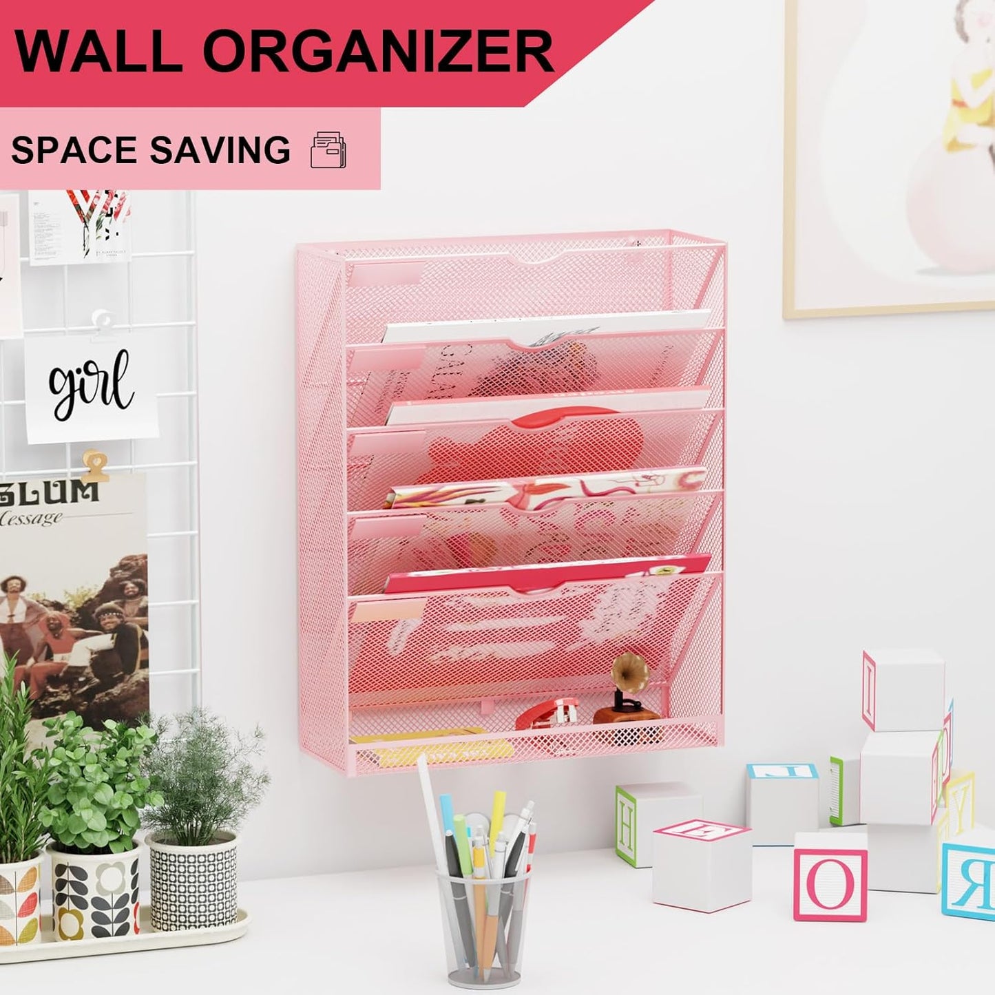 Hanging Wall File Organizer 6 Tier Wall Mounted Mail Paper Folder Holder Document Organization Stand, Vertical Desk Magazine Rack for Office Home Cubicle Countertop, Pink