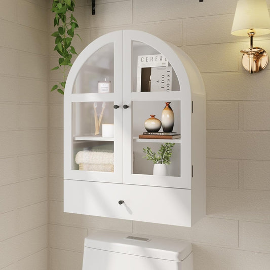 BLANKSPACE Bathroom Curved Wall Cabinet with Drawer, Over The Toilet Organizer for Bathroom White Storage Cabinet with Glass Door and Soft Closing