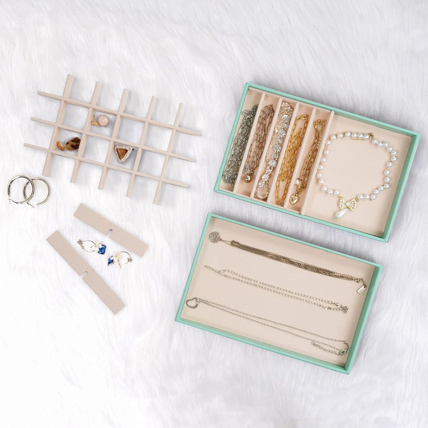 ProCase Stackable Jewelry Organizer Trays for Drawers, Jewelry Drawer Inserts Container Display Case Storage for Earring Necklace Rings Bracelet with Removable Dividers -Mint, 4 Layers