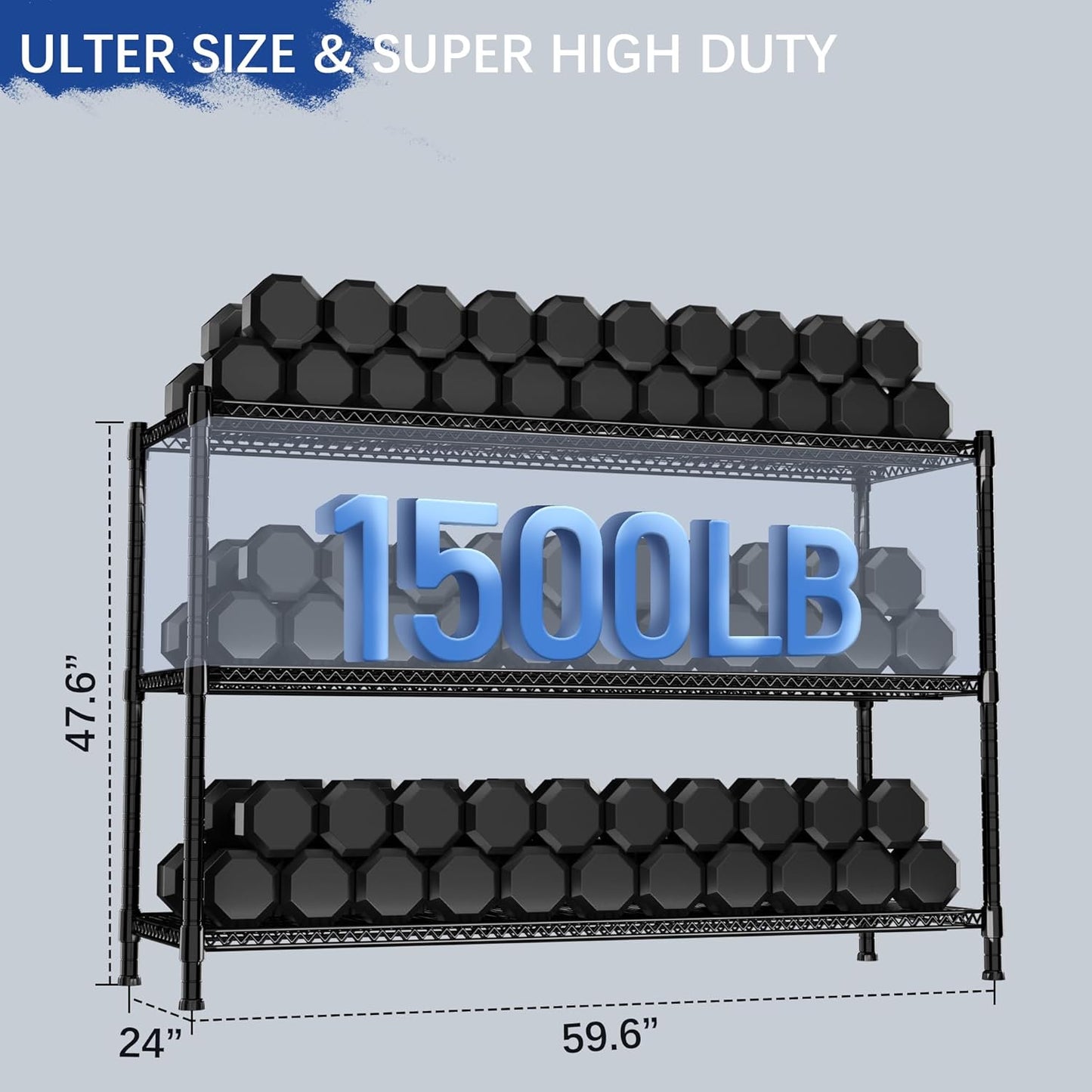 Heavy Duty Shelving, 47.6" H Garage Shelving Unit with Leveling Feet, 3-Tier Adjustable Garage Storage Shelves Metal Rack, Industrial Shelving for Warehaouse Storage, 60" W x 24" D x 47.6" H, Black