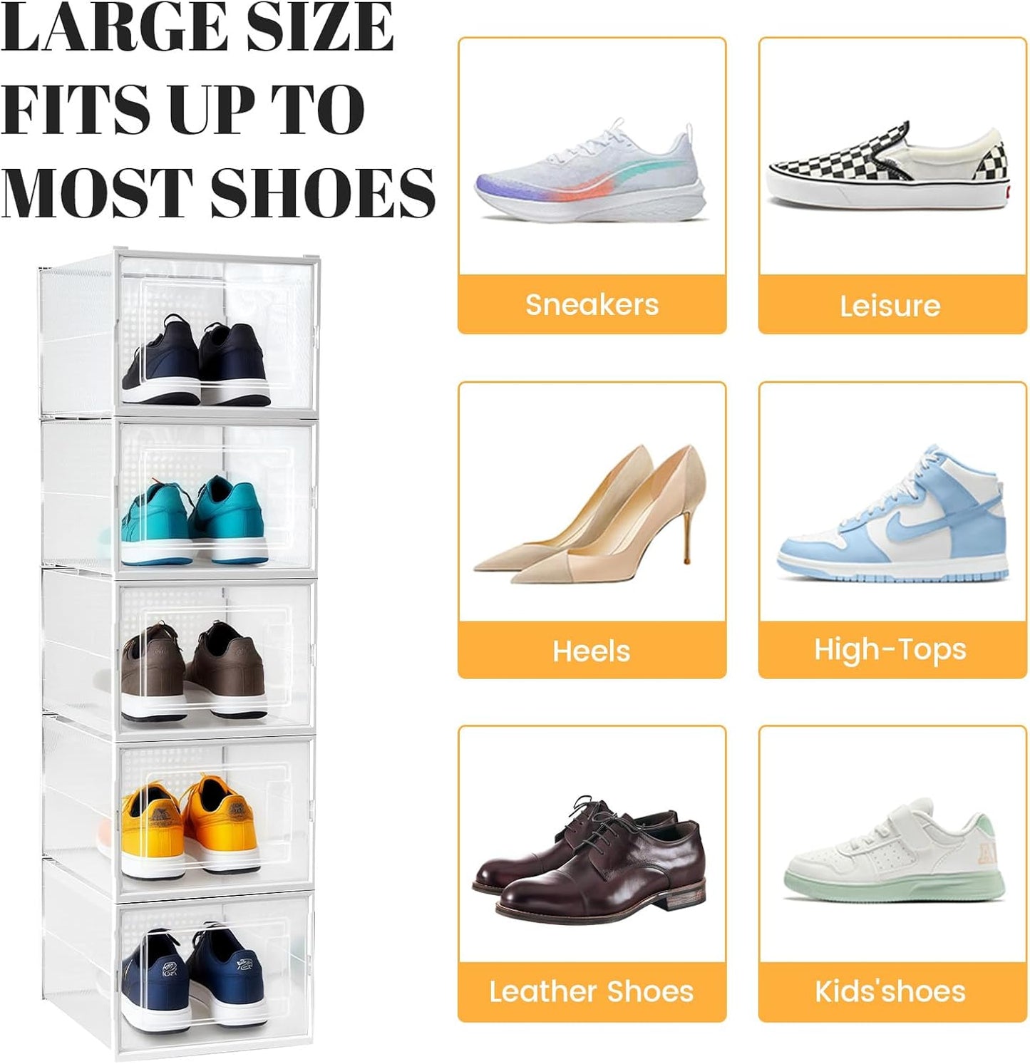 Shoe Boxes, Stack Without Toppling Modular storage boxes combine freely for use in closets, under beds, hallways, and entryways. Space-saving. (Transparent, 12 Pack)