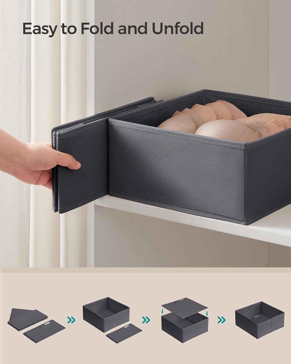 SONGMICS Drawer Organizer, Dresser Drawer Organizers, Set of 6, Foldable Fabric Storage Bins for Socks, Underwear, Bras, Ties, Scarves, Slate Gray URDZ06G