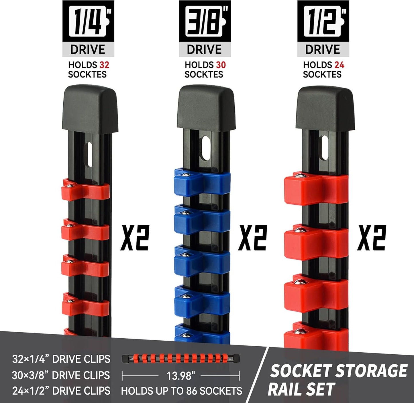 Socket Organizer Drive ABS Tools - Socket Holder, Premium Quality 6 Pieces Socket Holders Kit 1/4-Inch x 32 Clips, 3/8-Inch x 30 Clips, 1/2-Inch x 24 Clips