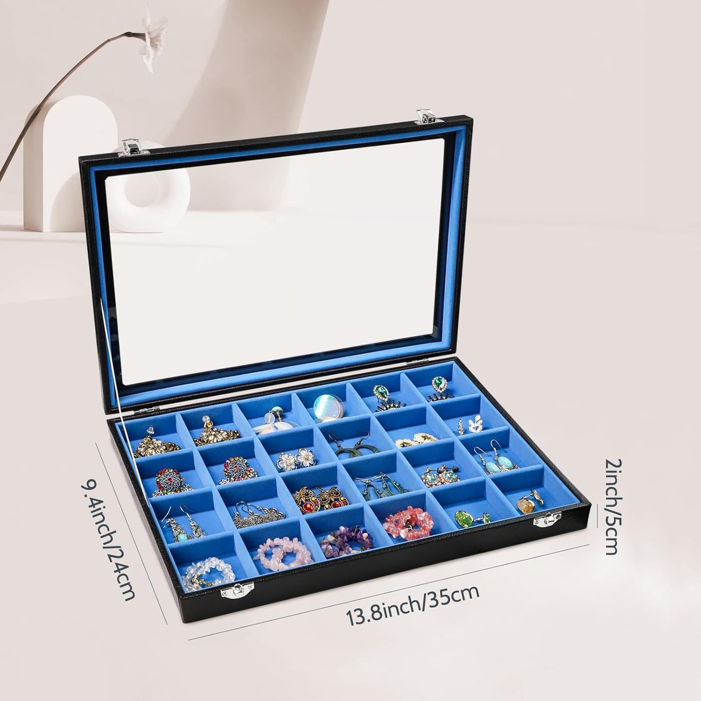 Stratalife Earring Organizer Jewelry Tray with See-through Lid Jewelry Holder Organizer Jewelry Organizer Box Jewelry Storage Crystal Holder Rock Collection Box 24 Grid (Blue Black)