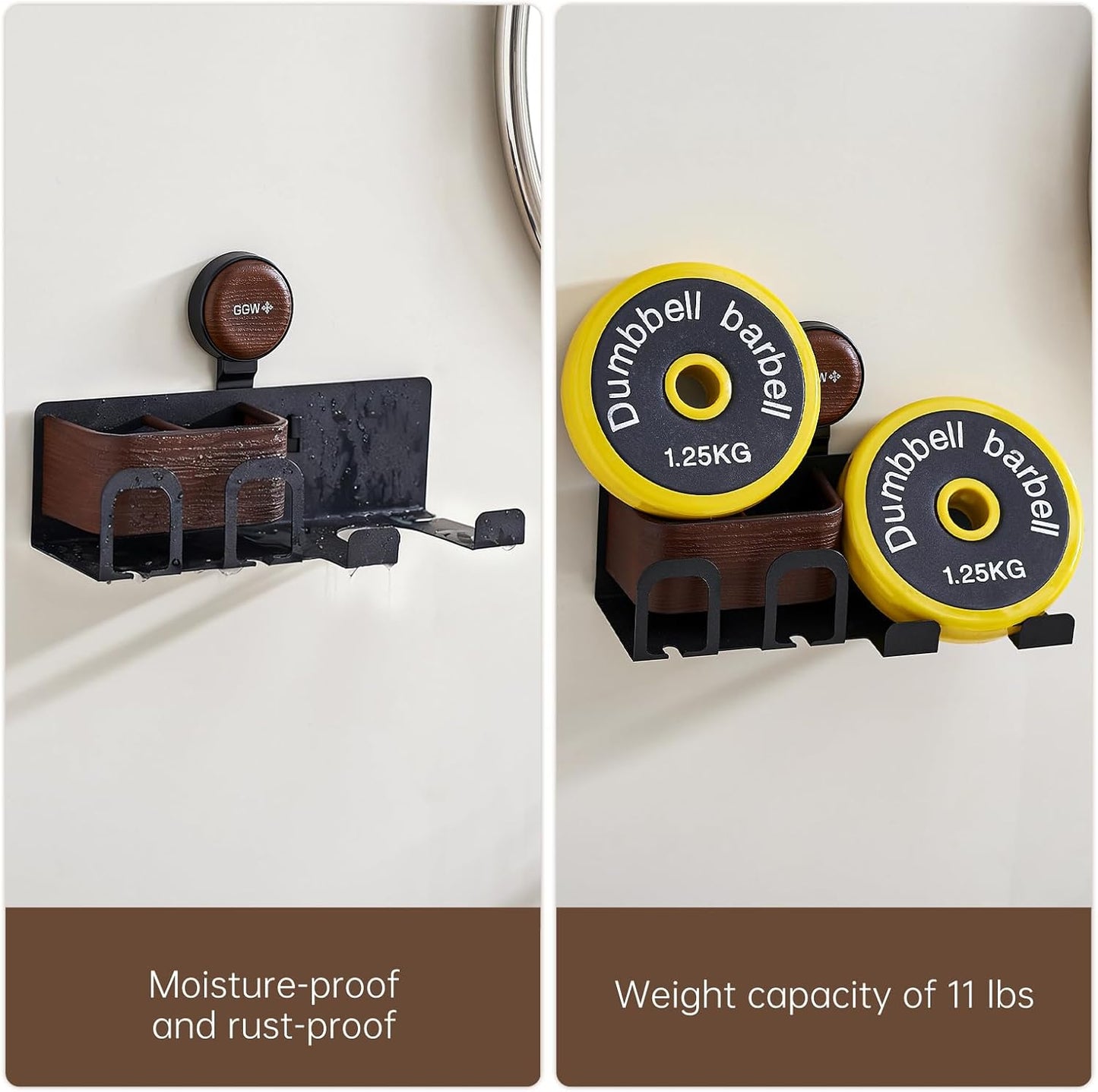 Hair Dryer Holder Wall Mount with Suction Cup, No-Drill Metal Blow Dryer Holder, Hair Accessories Tools Organizer Rack with 2 Toothbrush Hanger & Shelf, Walnut Finish for Bathroom