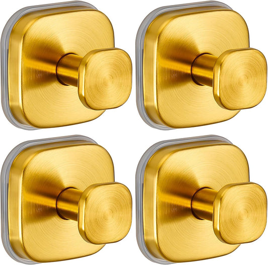 Suction Cup Hooks for Shower - Resuable Bathroom Hooks for Towels, Robes & Loofah - No-Drill Mounting on Kitchen,Walls,Metal,Glass,Mirrors,Tile & Smooth Non-Porous Surfaces (4, Brushed Gold)