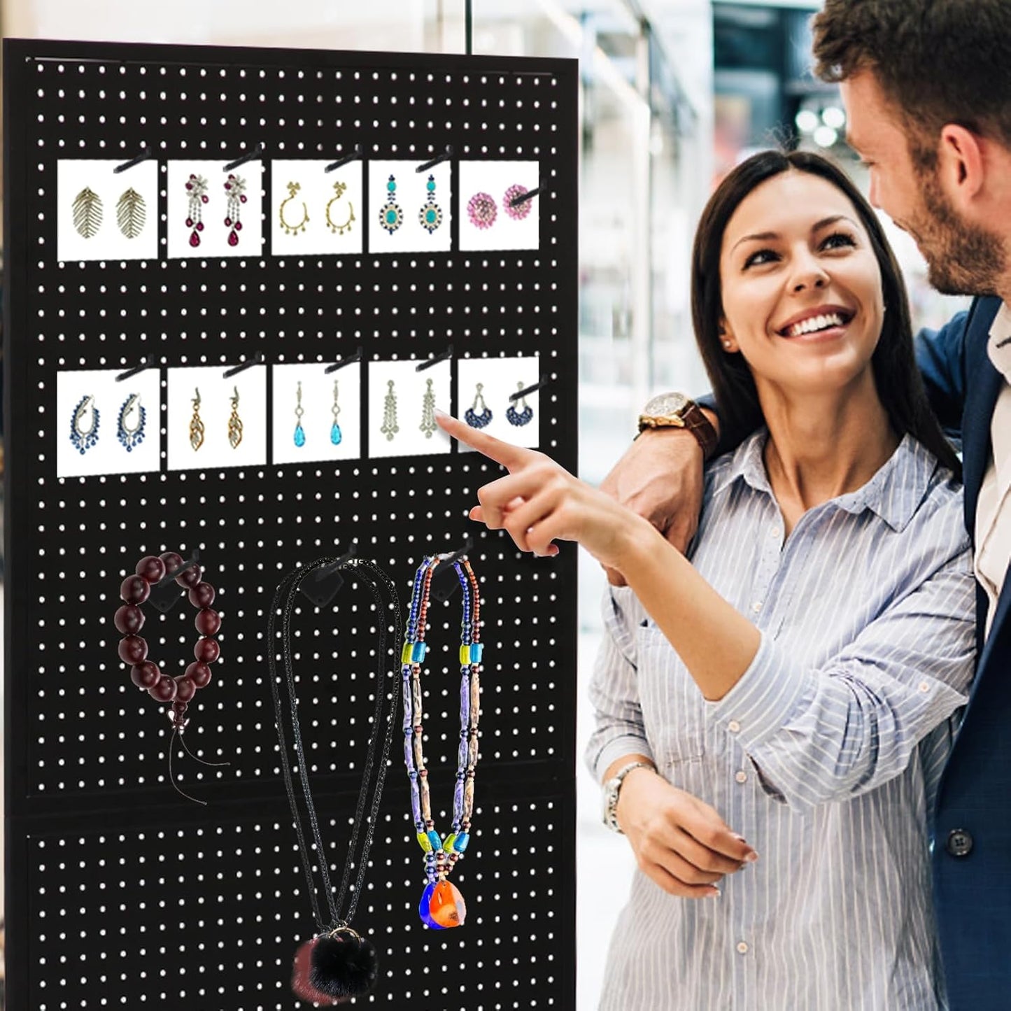 Eastern Tree 2.5'x 6' Metal Pegboard Display Stand with T-Base, Black Peg Board Panels Display with Casters, Standing Pegboard Display, Retail Display Stand, Extra 10 Pieces Hooks, Black