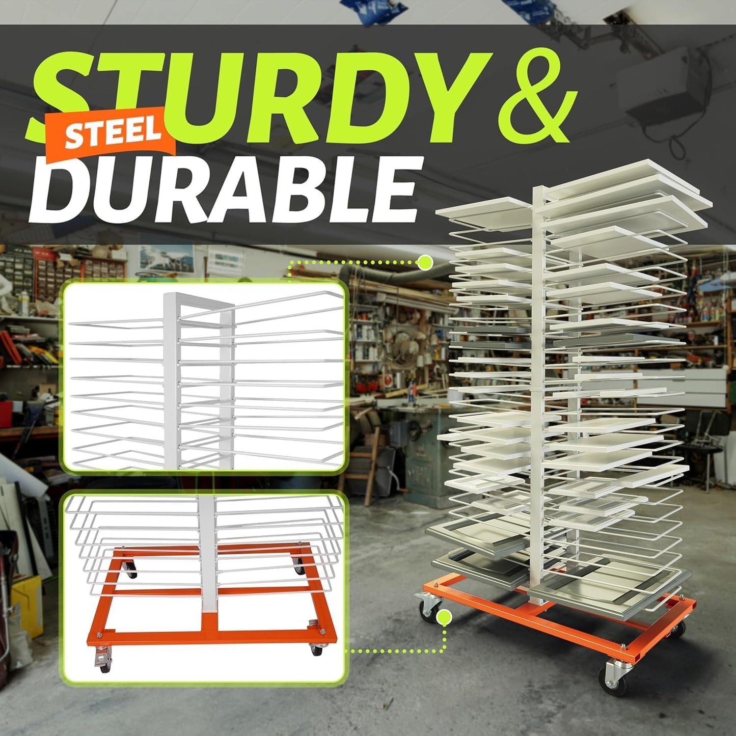 50 Shelves Paint Cabinet Drying Rack with 4 Caster Wheels, Cabinet Drying Rack, 25lbs/Shelf Capacity, Space Saving, Modern Style, Orange & White, Steel