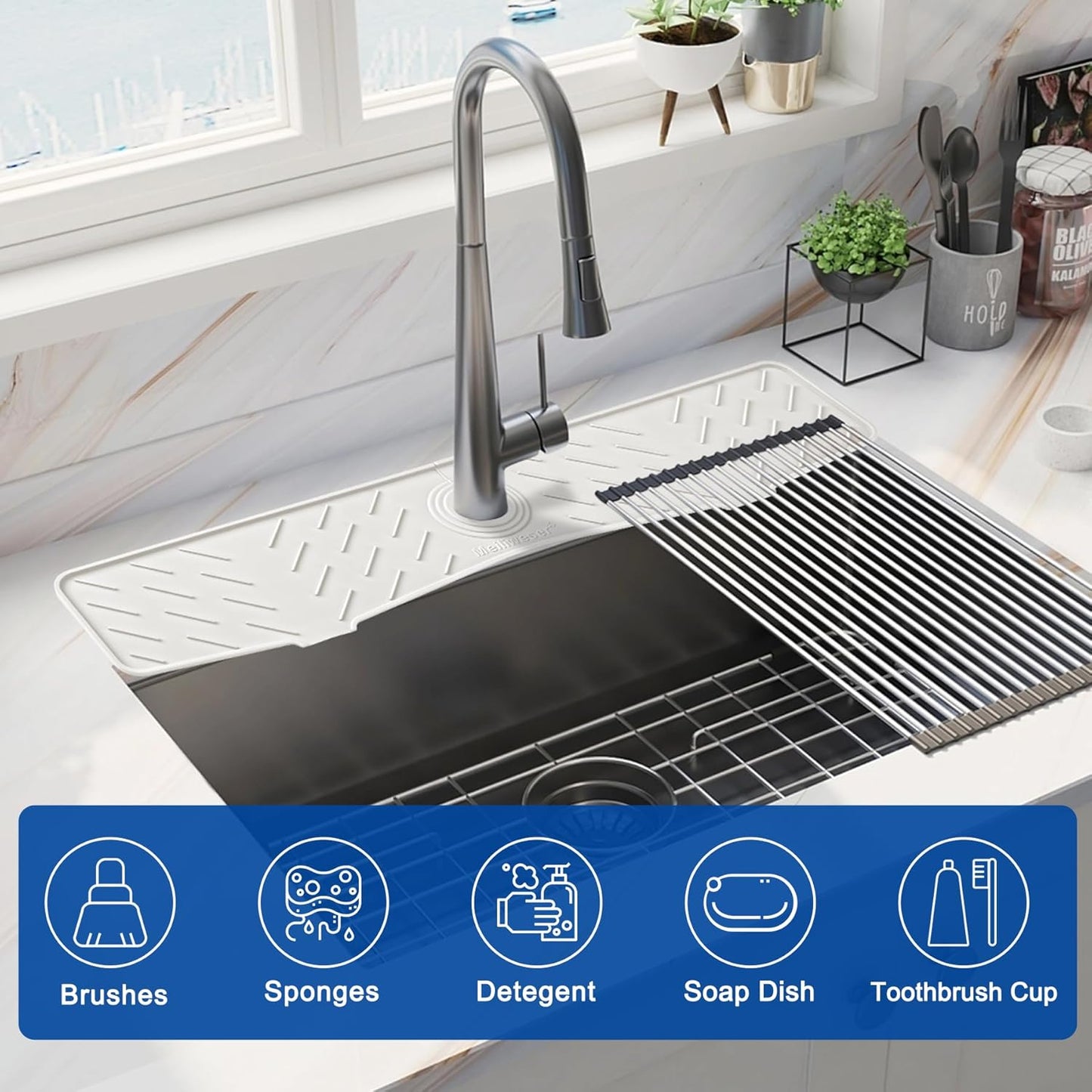 Meiliweser Faucet Mat for Kitchen Sink – 24” x 5.1” Extra-Long Silicone Splash Guard with 10° Slope & Upgraded Drainage – Gen 3 Sink Water Catcher & Sponge Holder for Kitchen, Bathroom (White)