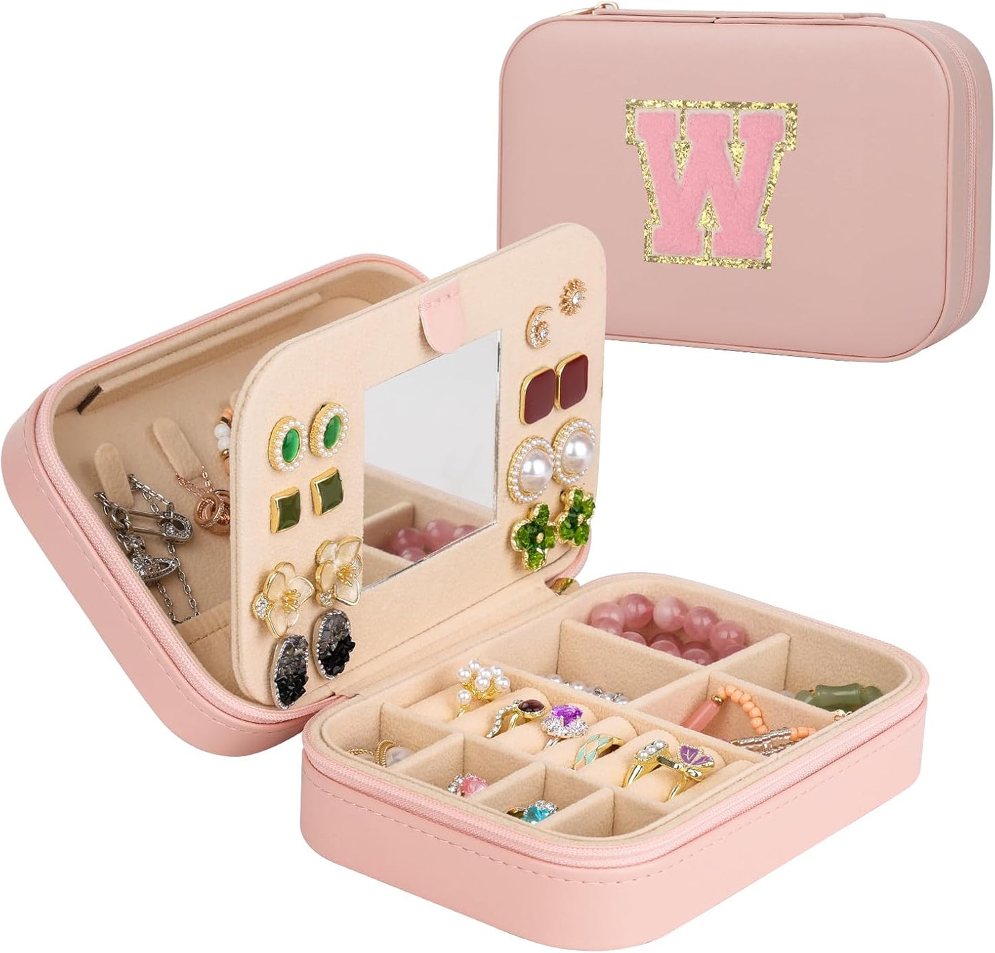 TopPerfekt Travel Jewelry Case Travel Jewelry Box With Mirror, Jewelry Organizer Bridal Shower Gifts To Her, Earring Travel Case, Trendy Gift for Women and Girls (W, Pink)