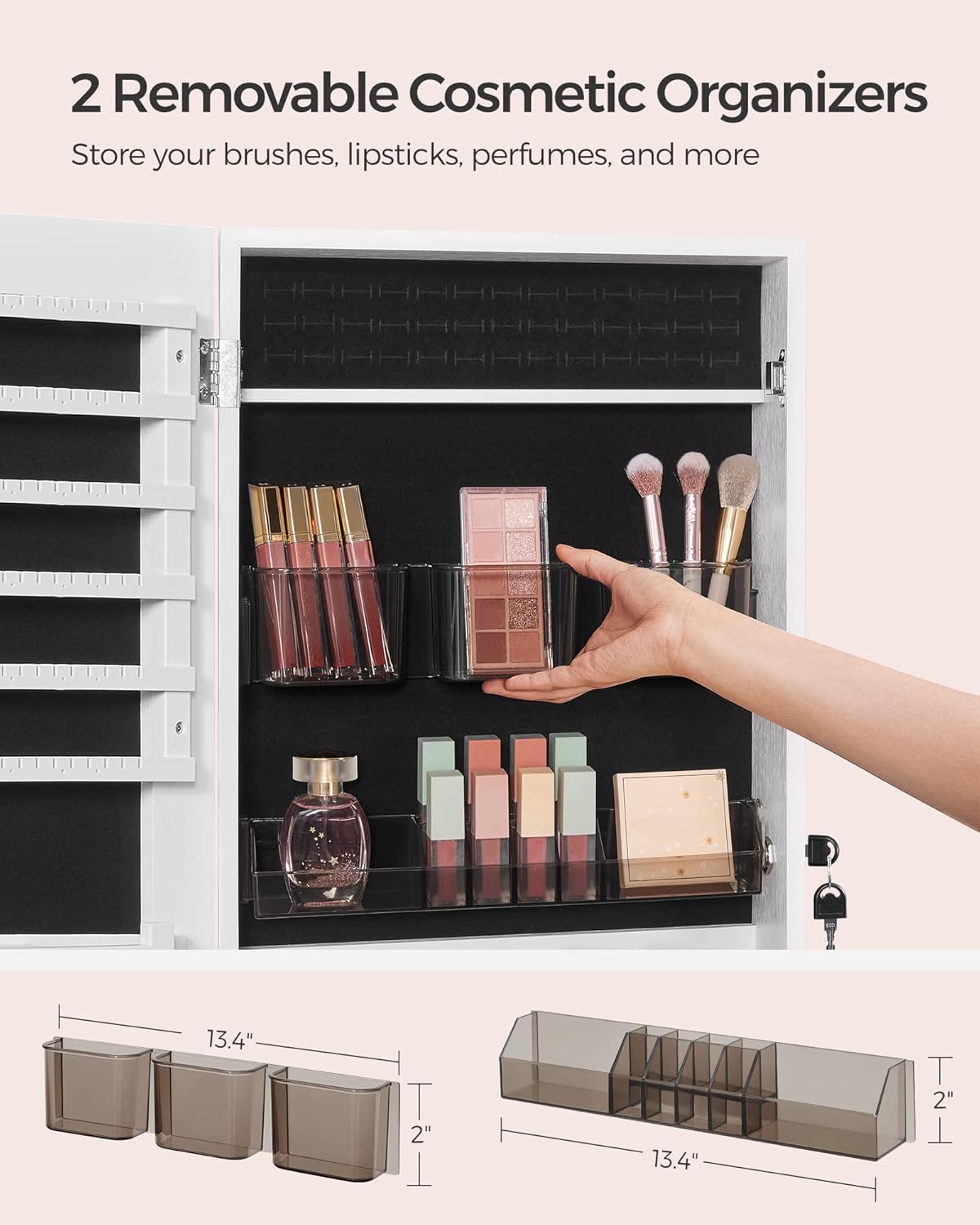 SONGMICS Jewelry Cabinet Armoire, Lockable Wall-Mounted Organizer Unit with 2 Plastic Cosmetic Storage Trays, Full-Length Frameless Mirror, Christmas Gift, White UJJC001W01