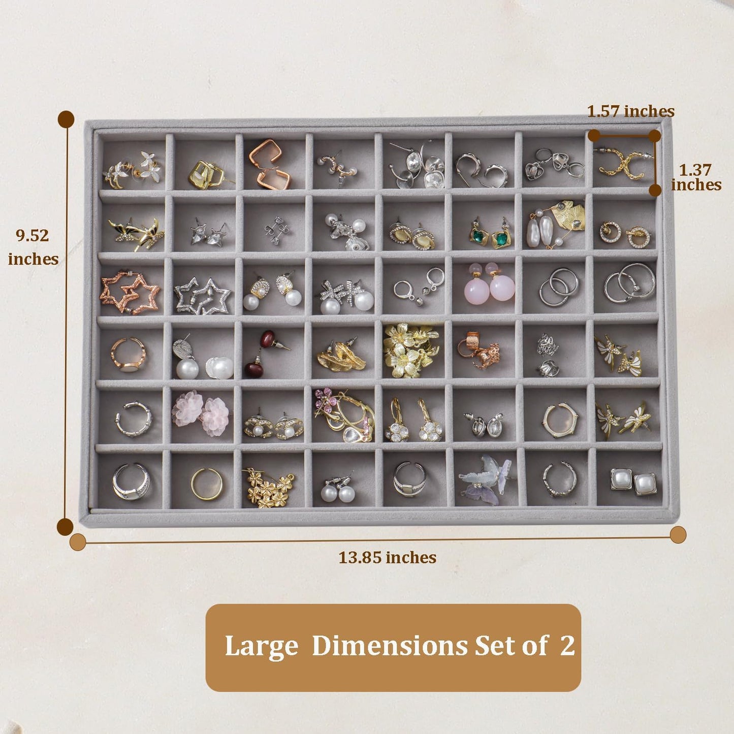 Large Velvet Jewelry Tray 2 Pack Stackable Jewelry Display Drawer Inserts Trays Organizer for Earring Bracelet Necklace Ring (Gray, 48 Grids)