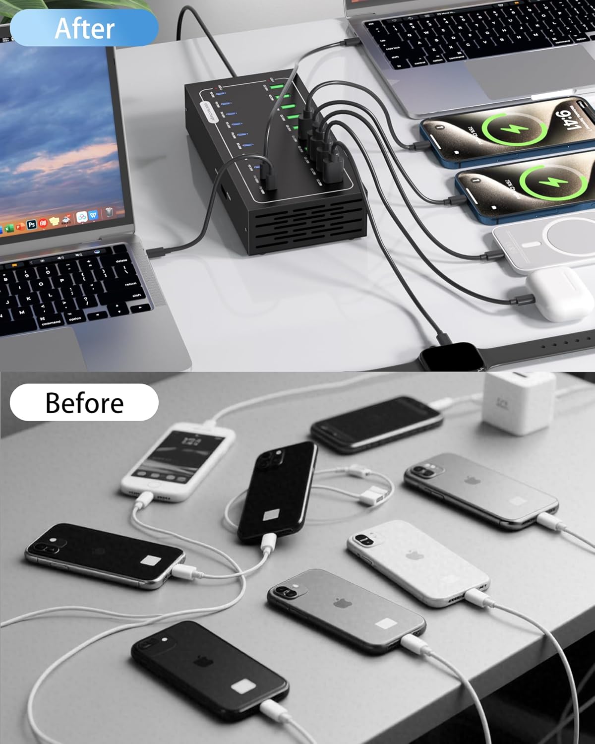 580W USB Charging Station, 20 Port Fast Charging Station for Multiple Devices, Dual PD 45W USB C Charger Block, Smart Power Delivery & Multi Protection for Laptop MacBook iPhone, iPad, Tablet