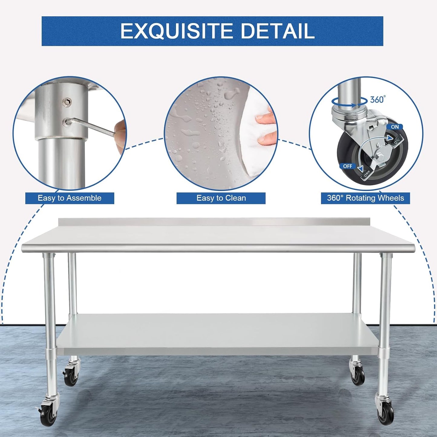 HARDURA Stainless Steel Table with Wheels 30X72 Inches NSF Heavy Duty Commercial Prep Table with 2” Backsplash and Adjustable Undershelf for Food Prep