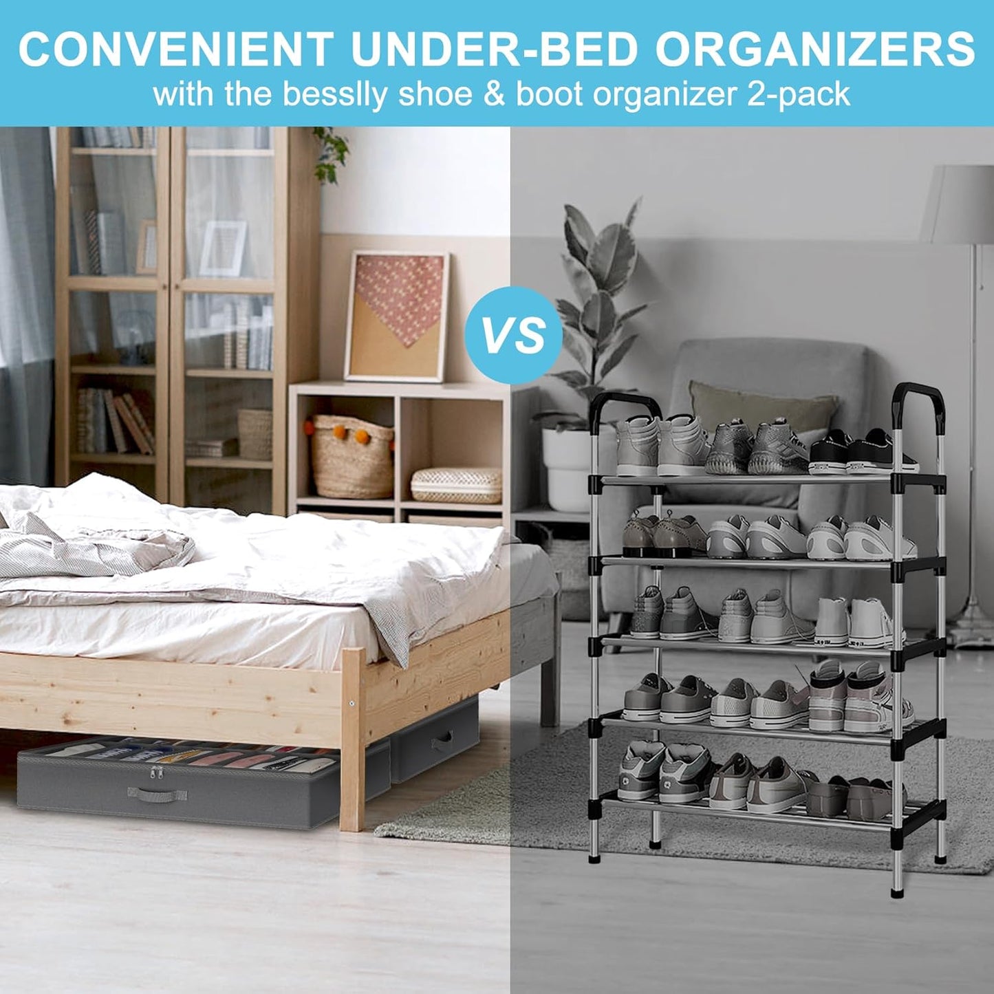 2 Pack Under Bed Shoe Storage Organizer for Closet, Fits Total 32 Pairs Foldable Underbed Shoes Containers Boxes Under the Bed Storage with Sturdy Handles&Clear Window for College Dorms, Light Grey