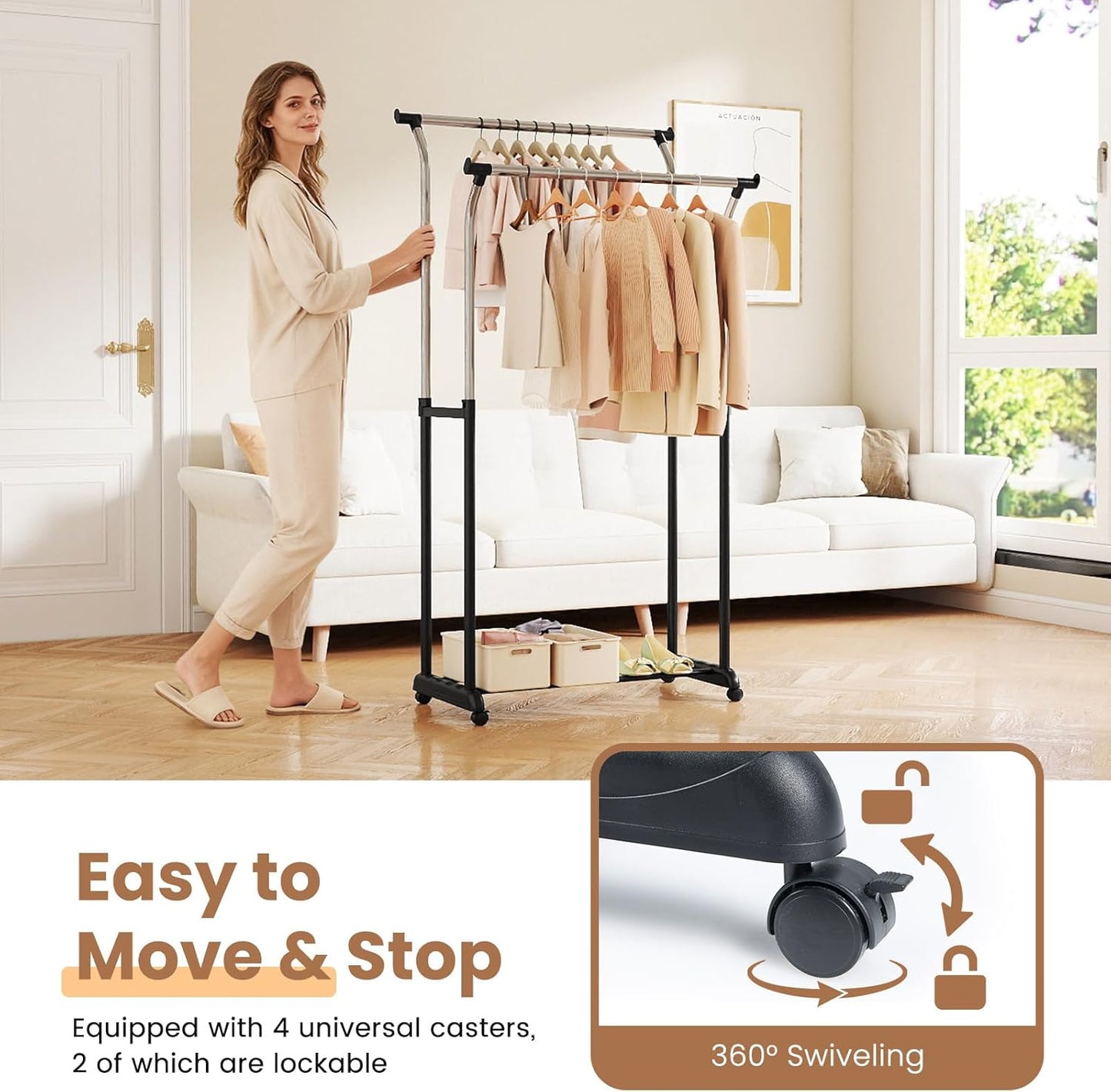 COSTWAY Double Rod Clothing Rack, Rolling Garment Rack with Shelf, Wheels, Adjustable Height Heavy Duty Metal Clothes Racks for Hanging Clothes for Dressing Room, Laundry, Living Room