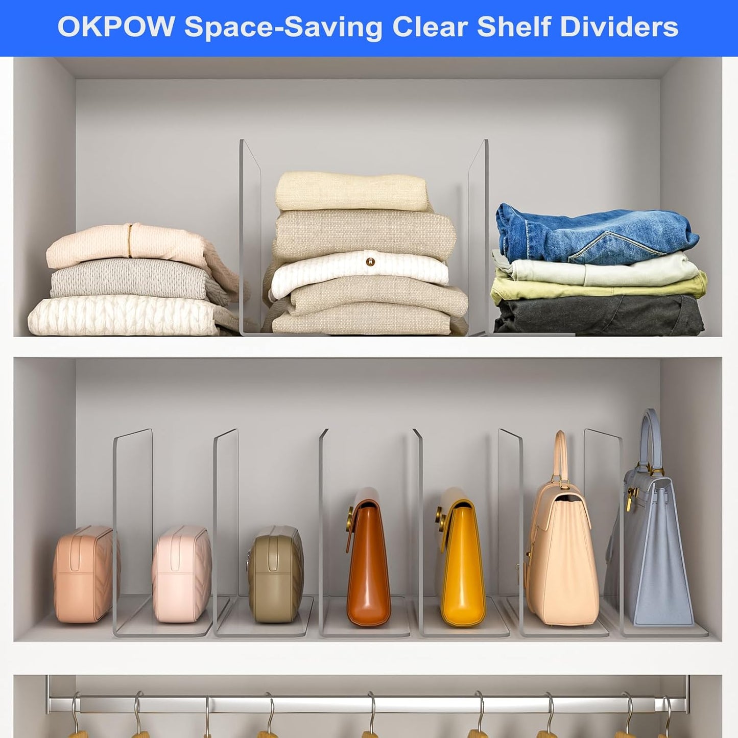 OKPOW Shelf Dividers Closet Organizer - 7.5" Tall X 11.8" Deep Acrylic Clear Sturdy Separate for Clothes Purse - Adjustable Space Saver Easy Install for Home Organization Enthusiasts 12 Pack
