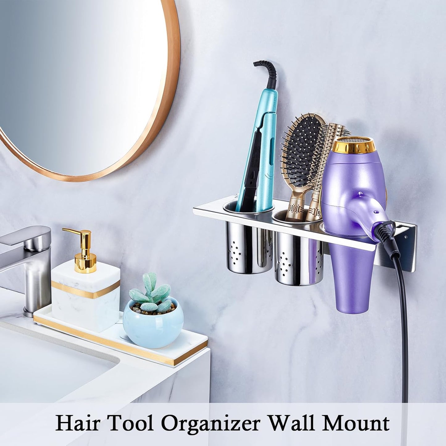 Hair Tool Organizer, Blow Dryer Holder Wall Mounted, Hot Tools Holder Storage for Brush, Hair Dryer, Straighteners, Curling Iron Holder Stainless Steel, Hair Styling Tools Organizer with 2 Cups