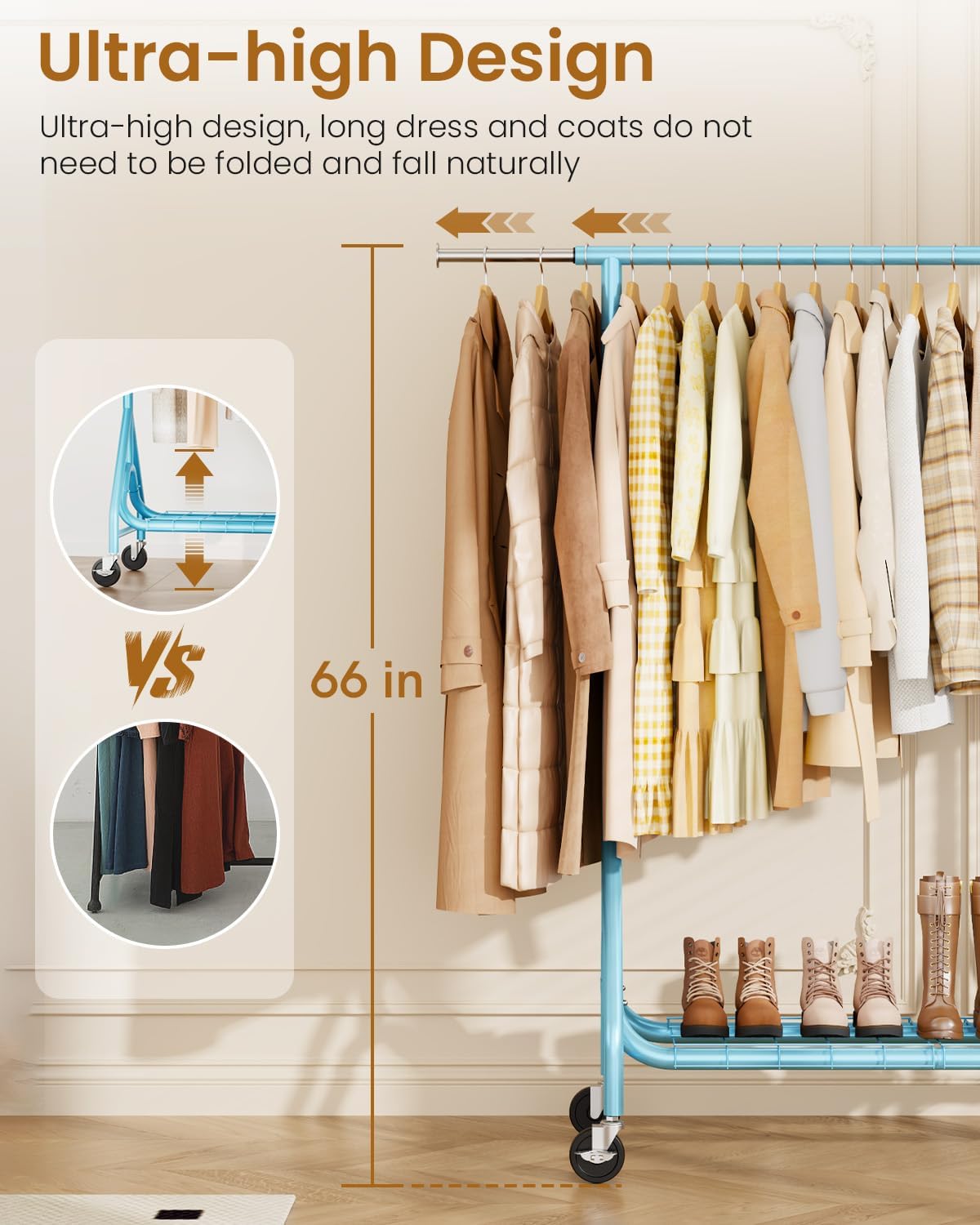 Heavy Duty Clothing Rack, Metal Clothes Rack Load 450 LBS, Rolling Coat Racks for Hanging Clothes with Lockable Wheels, Wardrobe Closet Garment Racks for Bedroom, Sky Blue