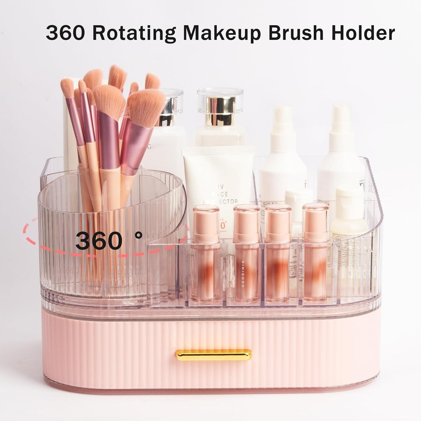 360° Rotating Makeup Organizer with Drawer, Clear Acrylic Cosmetic Storage Display, Stackable Beauty Counter (Pink, Large (Tray + 1 Drawer))