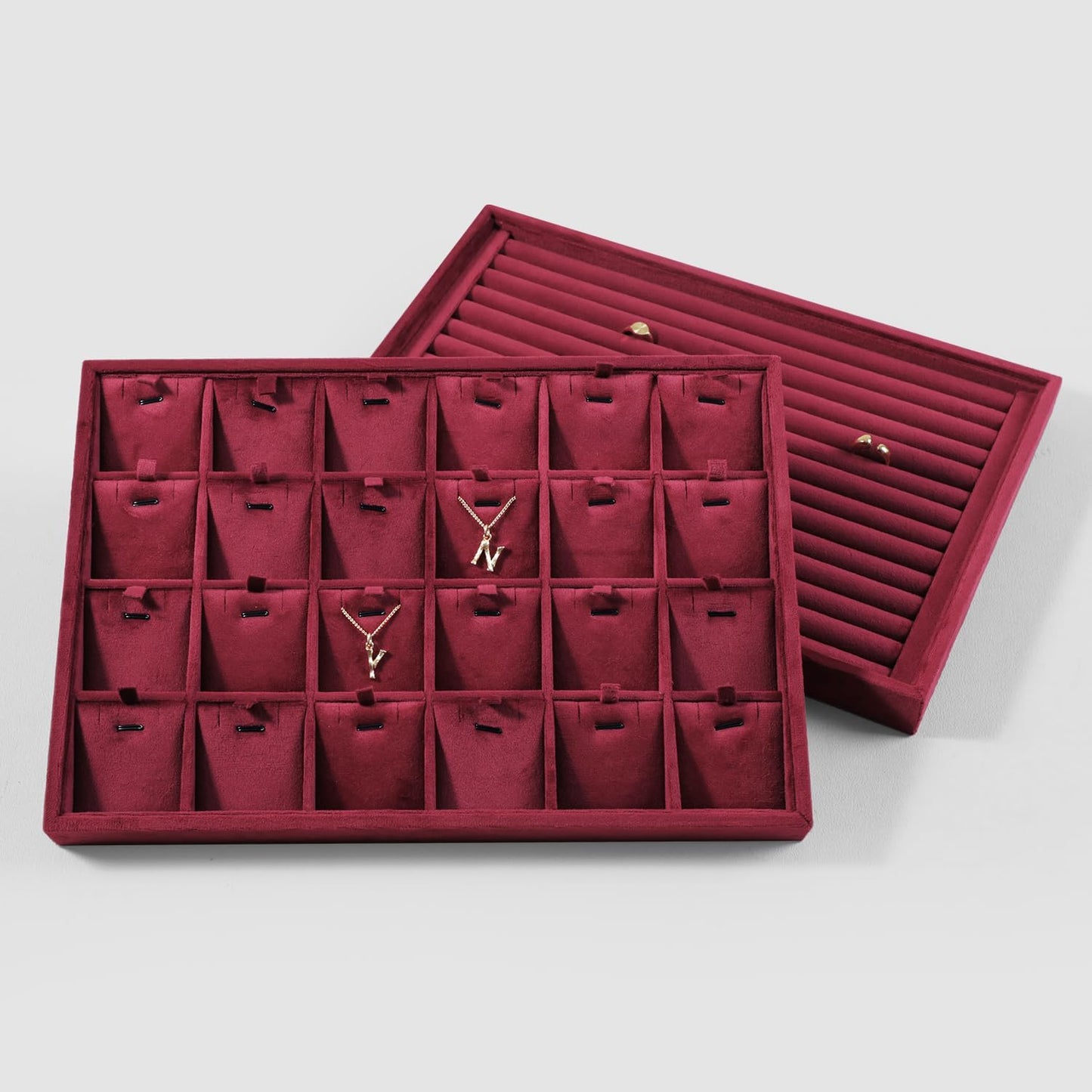 Velvet Necklace Display Tray, Stackable 24 Grid Insert Pendant Necklaces Storage Holder Plate, Jewelry Retail Countertop Organizer (Red)