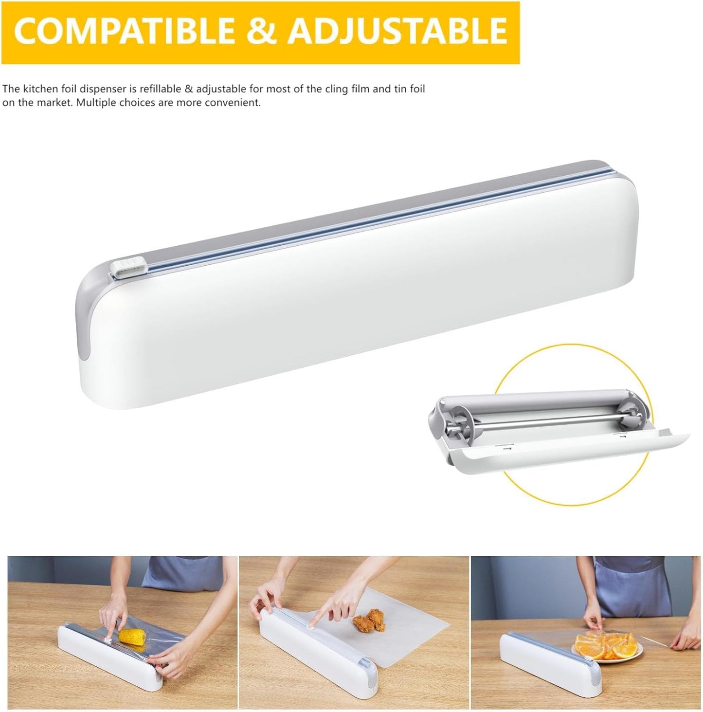 Aluminum Foil & Plastic Wrap Dispenser with Cutter - Easy One-Hand Operation, Space-Saving Kitchen Organizer for Worktops & Cabinets, Magnetic Cling Film Dispenser - Fits 12" Rolls, Gray