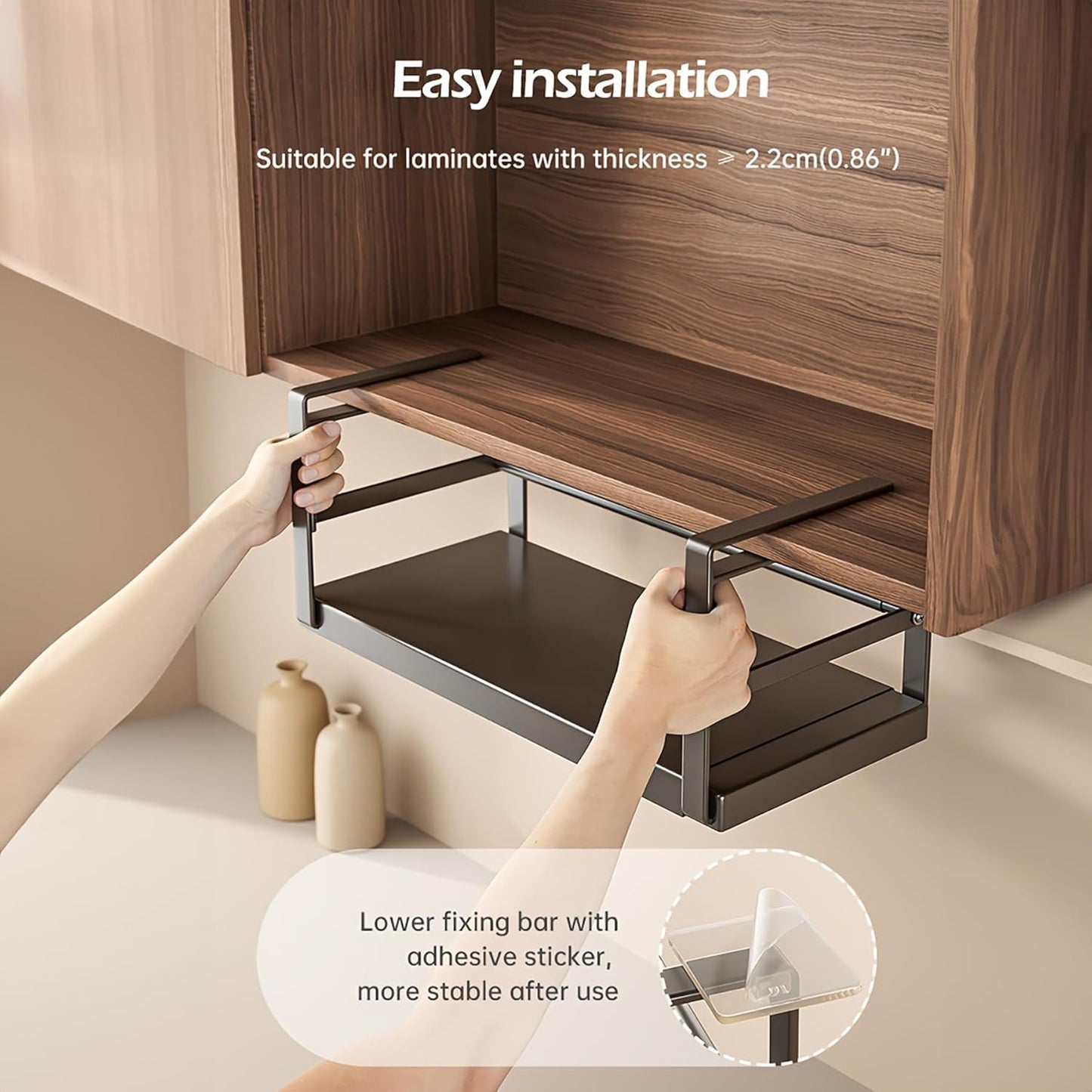 Hanging Under Shelf Storage Basket, Adjustable Width Under Cabinet Add-on Storage Racks, Heavy Duty Slide-in Baskets Organizer for Cabinet Pantry Kitchen, 1 Pack,8.46"D x 10.6"W x 7.36"H