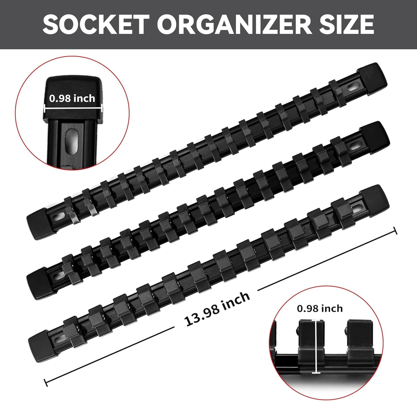 Socket Organizer Drive ABS Tools - Black Socket Holder, Premium Quality 9 Pieces Socket Holders Kit 1/4-Inch x 48 Clips, 3/8-Inch x 45 Clips, 1/2-Inch x 36 Clips（9PC,Black