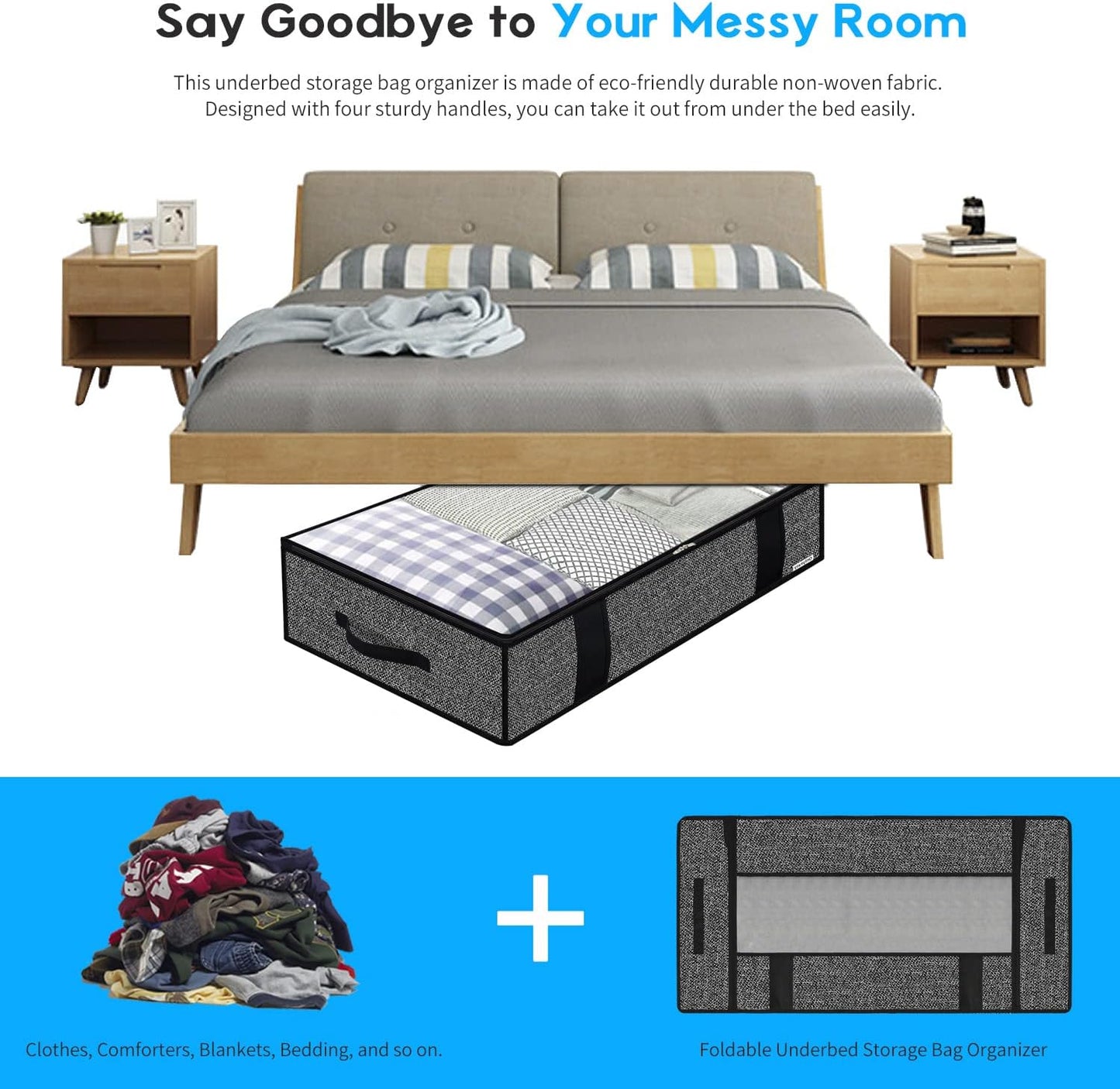 Onlyeasy 4 Pack Under Bed Clothes Storage Bags Organizer with Reinforced Handles and Zippers, Foldable Underbed Storage Container Bags for Blankets, Comforters, Bedding, Linen-like Black, MXAUBBP4