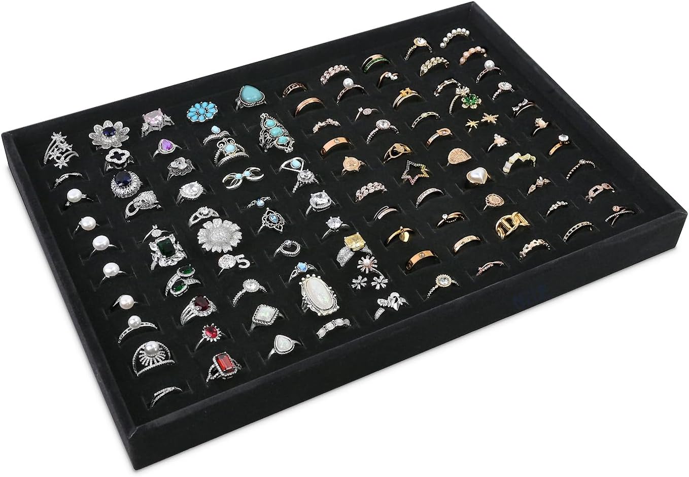 MOOCA 2 Pcs Set 100 Slots Ring Tray Display, Slotted Ring Showcase Display Jewelry Organizer Stand, Jewelry Holder for Showcase for Home Trade Show, Black Velvet