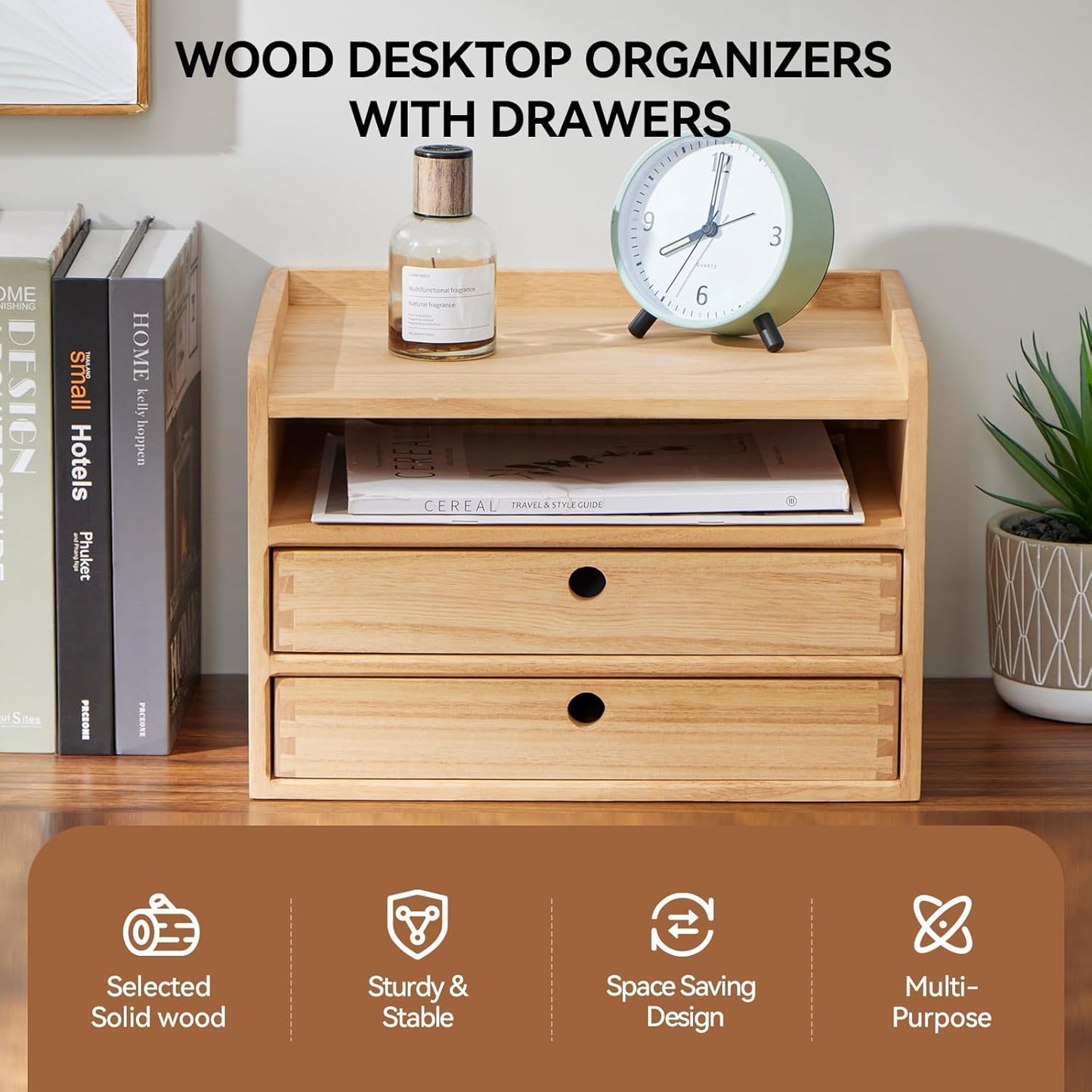KIRIGEN Desktop Organizer with 2 Drawers and Tray - Wood Office Desk Storage Shelf for Office Supplies - Small Cabinet for Countertop Accessories Storage 3 Layer Natural（DT3D2C-NA）